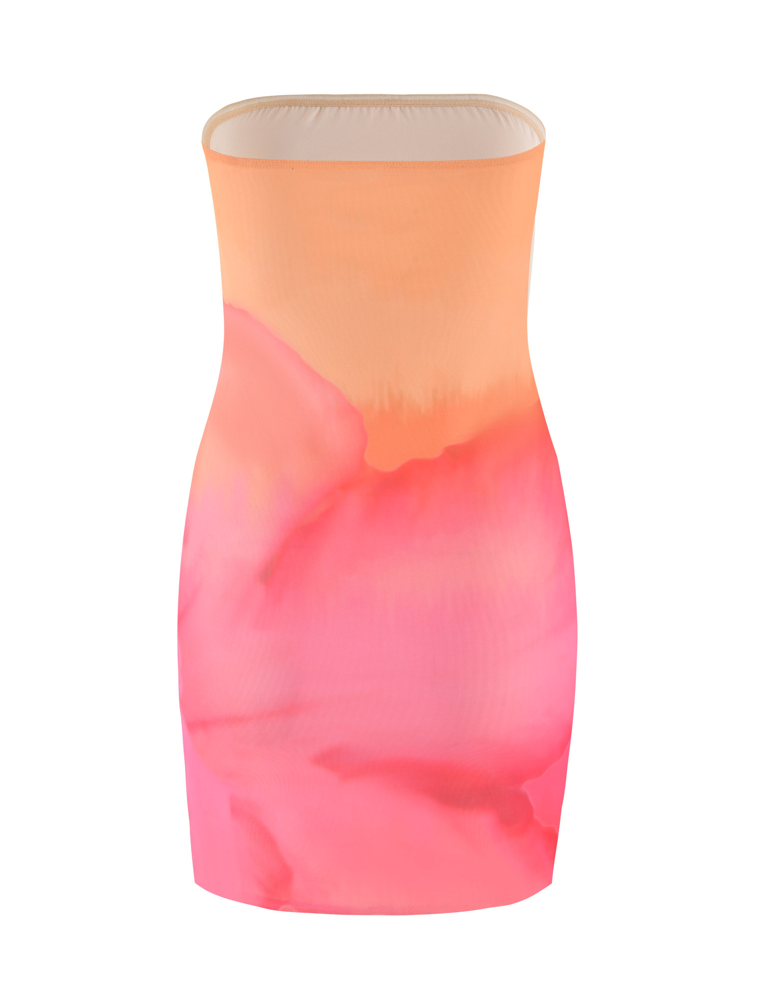 The TIGERMIST CHER MINI DRESS in Pink Hibiscus features a strapless bandeau bodycon fit and a macro floral pattern that blends pink and red shades in a watercolor-like gradient.