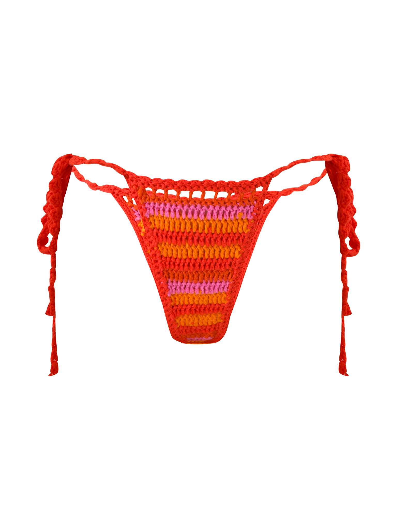 The CORA BIKINI BOTTOM - SUNSET TROPICAL STRIPE by TIGERMIST features cheeky red side ties and bold orange and pink stripes on a vibrant crochet design, shown against a plain white background.