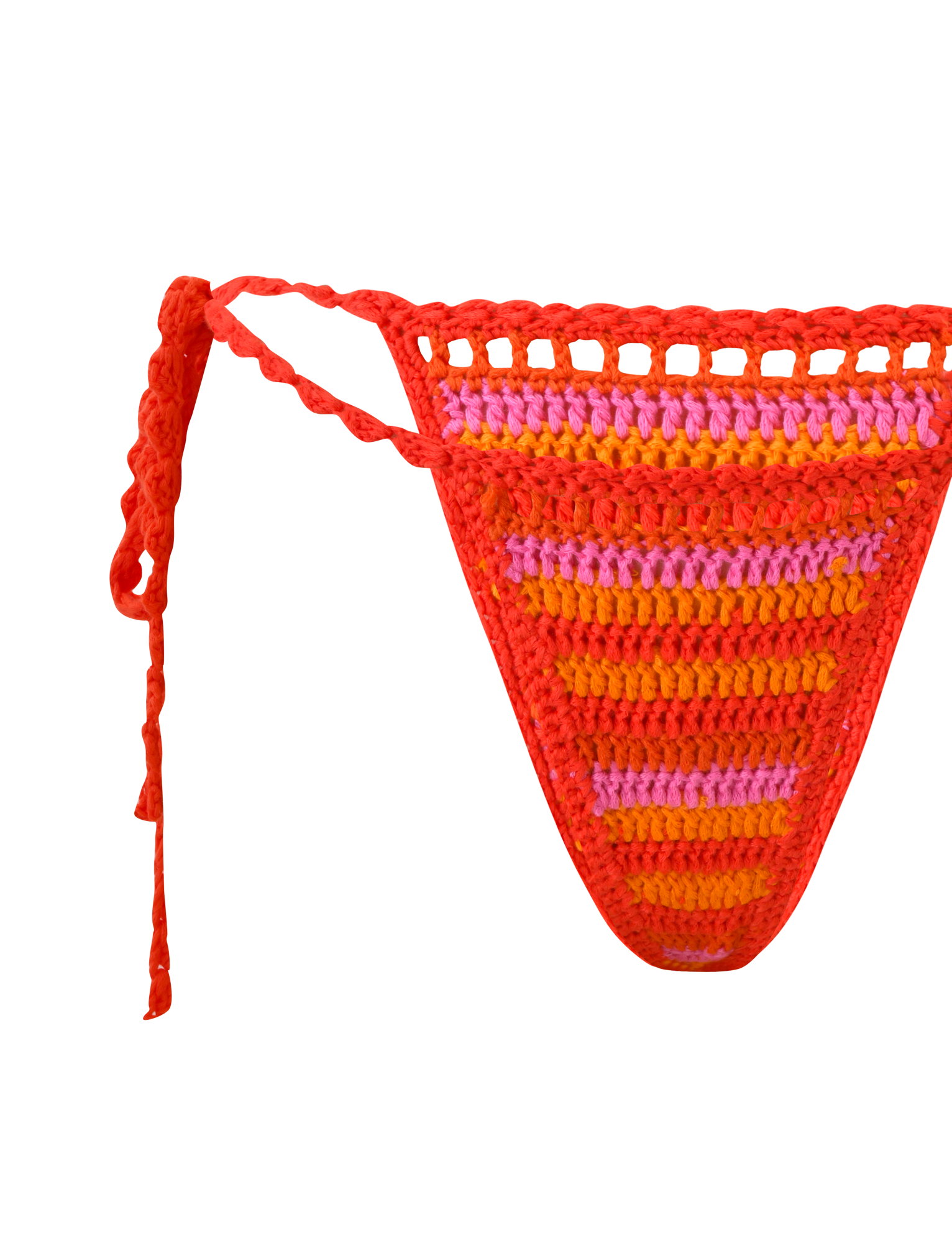 The TIGERMIST CORA BIKINI BOTTOM - SUNSET TROPICAL STRIPE features multicolour red, orange, and pink crochet stripes with side ties. This cheeky style adds a playful touch to your swimwear collection. Shown against a white background.