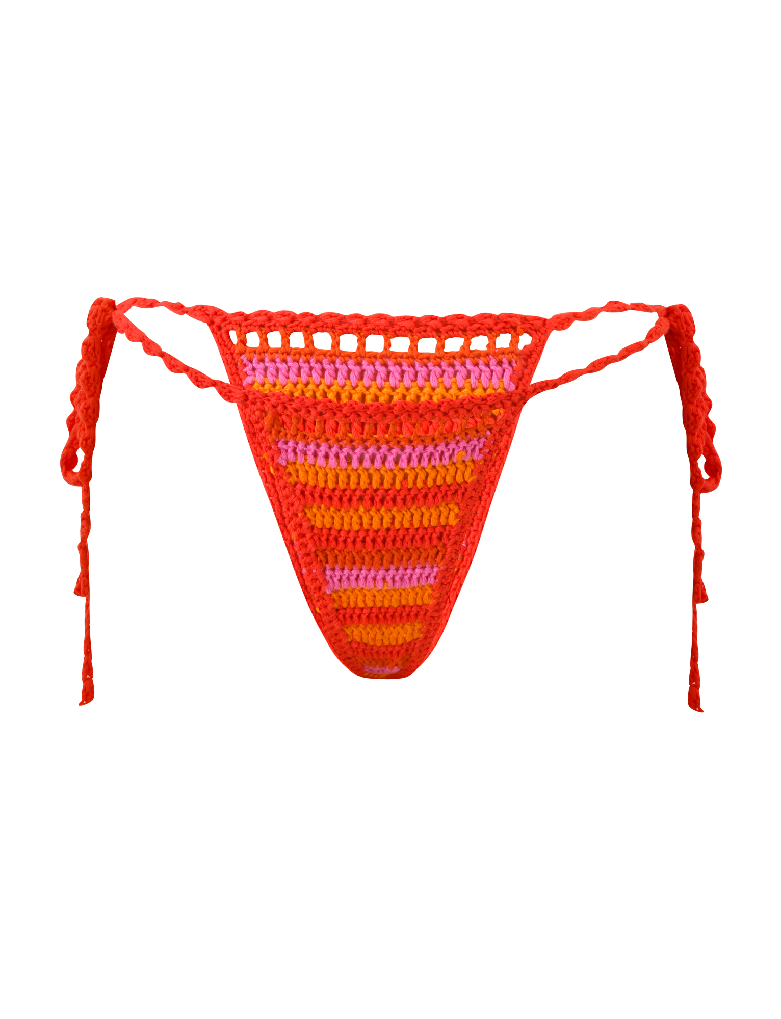 The TIGERMIST CORA BIKINI BOTTOM - SUNSET TROPICAL STRIPE features handmade red, orange, and pink crochet stripes, side ties, and a triangular front panel, displayed on a plain white background.