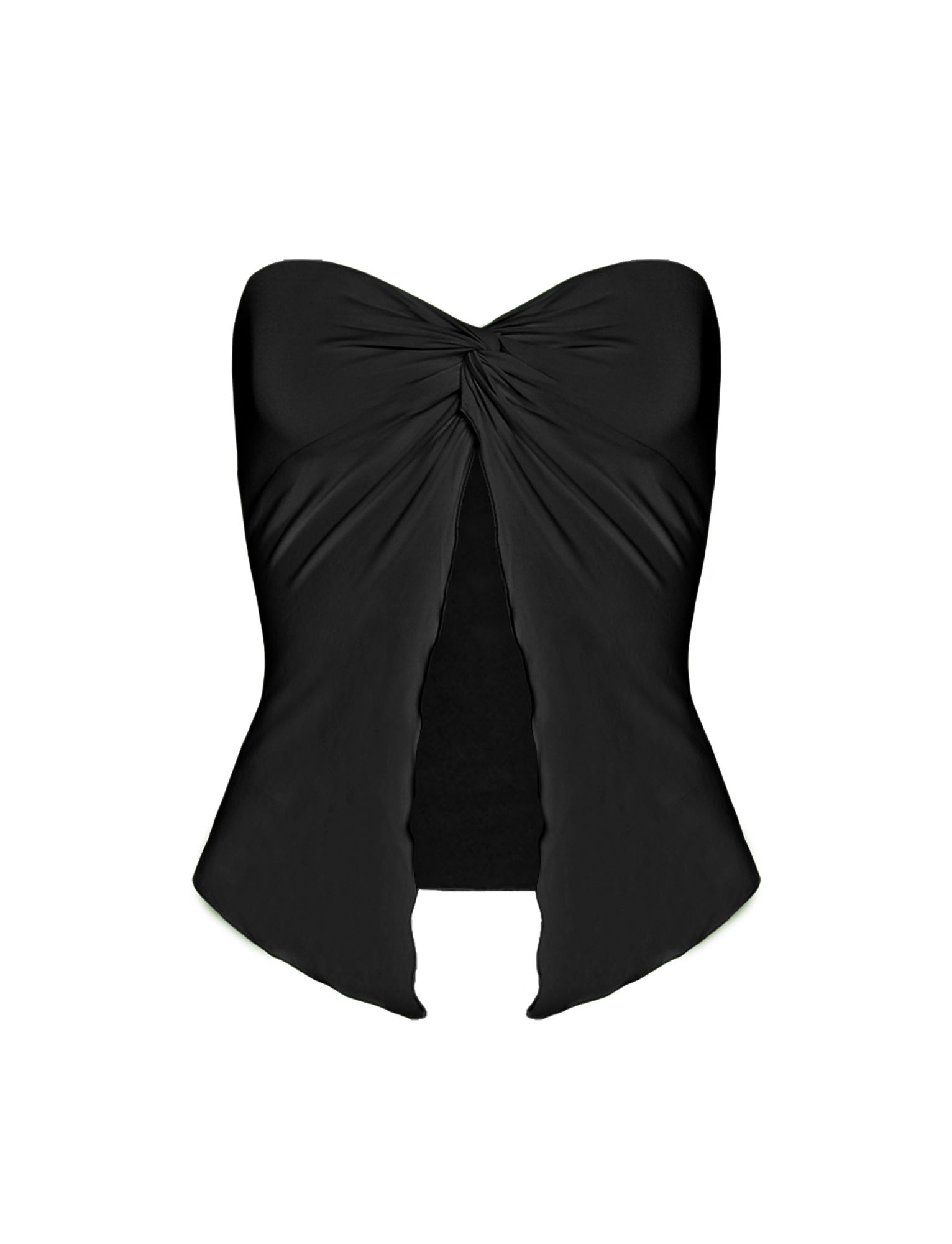 The CHARMAINE TOP - BLACK by TIGERMIST is a strapless, buttery jersey top with a sweetheart neckline, twist detail at the bust, and a front slit that creates two pointed panels at the hem.