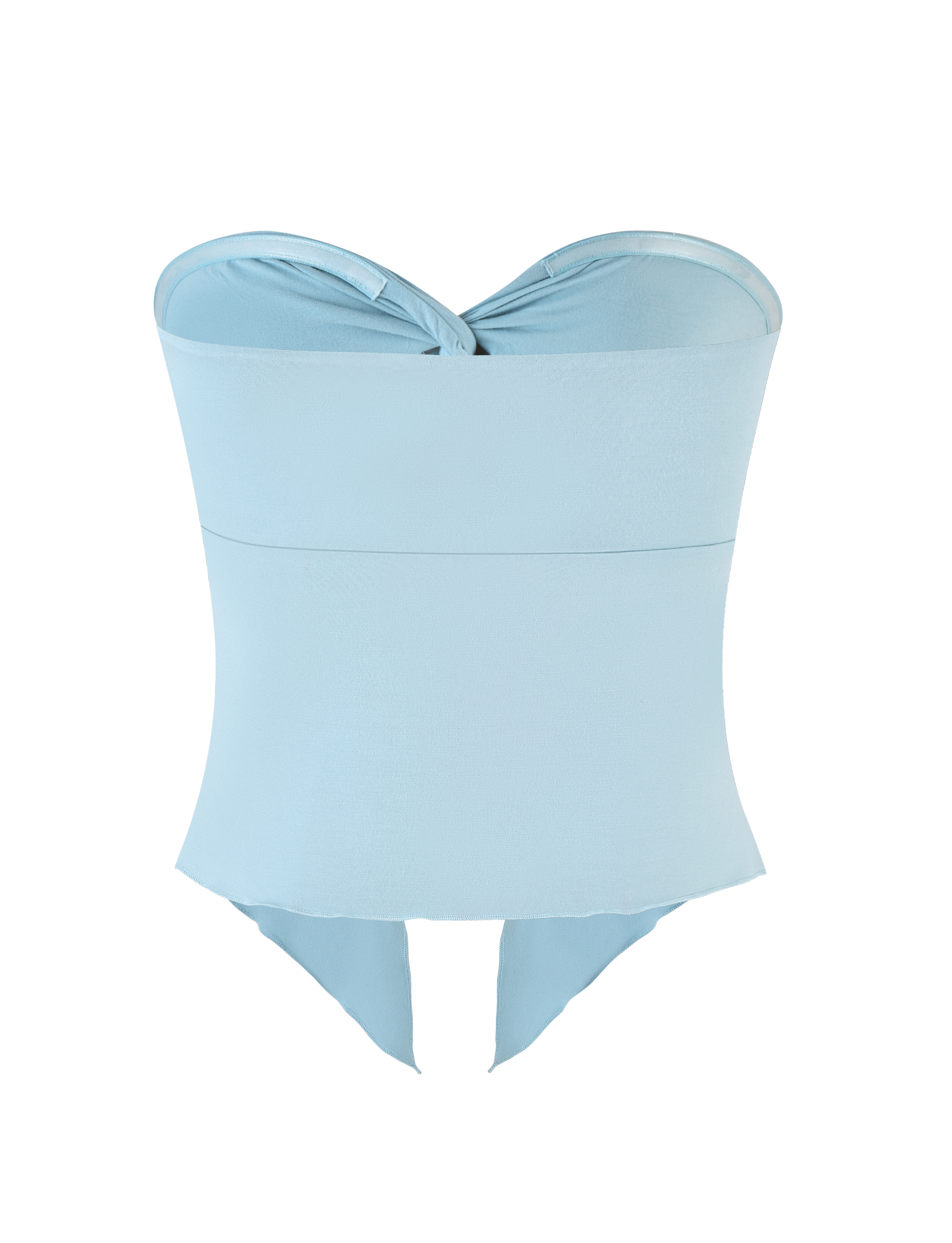 The CHARMAINE TOP by TIGERMIST is a baby blue, strapless piece with a sweetheart neckline, twist chest detail, high-stretch fabric, smooth feel, high-cut leg, and snap closures for comfort and style.