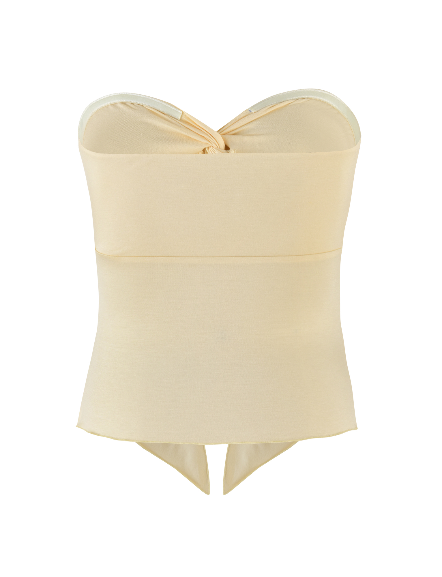 The CHARMAINE TOP by TIGERMIST is a strapless lemon bandeau with a sweetheart neckline, center twist detail, and pointed handkerchief hem in smooth, fitted buttery jersey fabric.