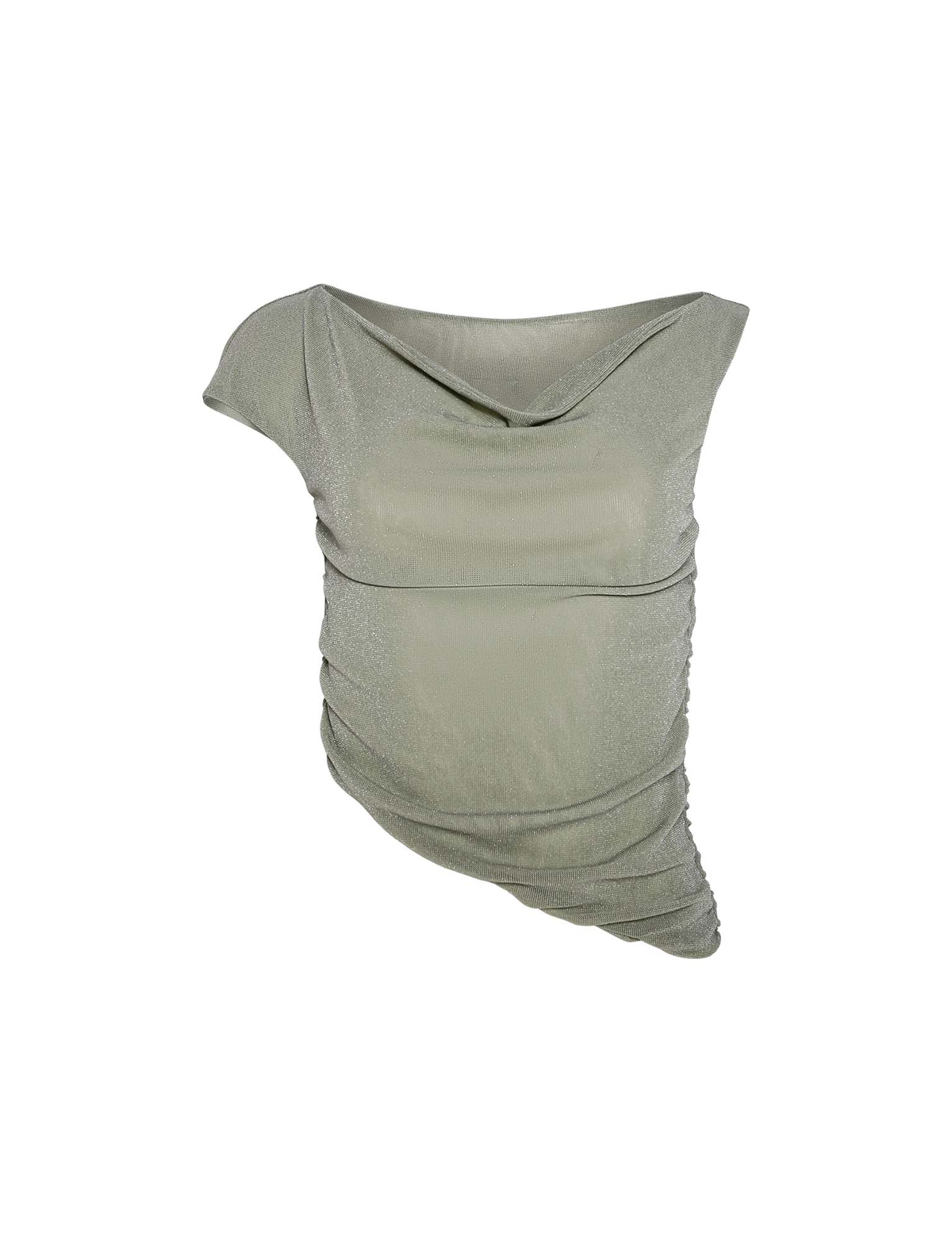 The TIGERMIST COBI TANK in Sage Glitter is a light green, shimmery, sleeveless top with a draped cowl neckline and asymmetrical ruched hem, shown against a white background.