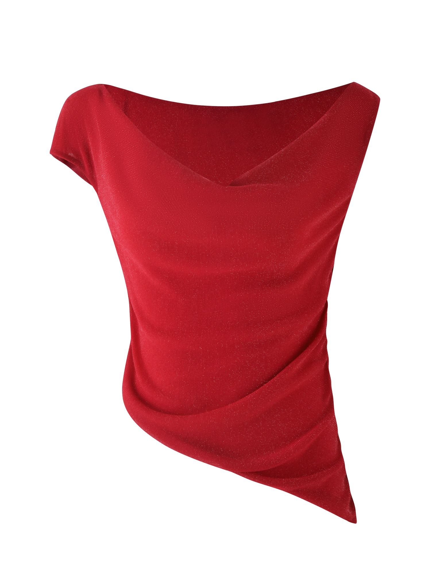 The TIGERMIST COBI TANK - RED : SPARKLE is an asymmetrical red tank top with a draped design in shimmer jersey and a diagonal hem, shown on a plain white background.