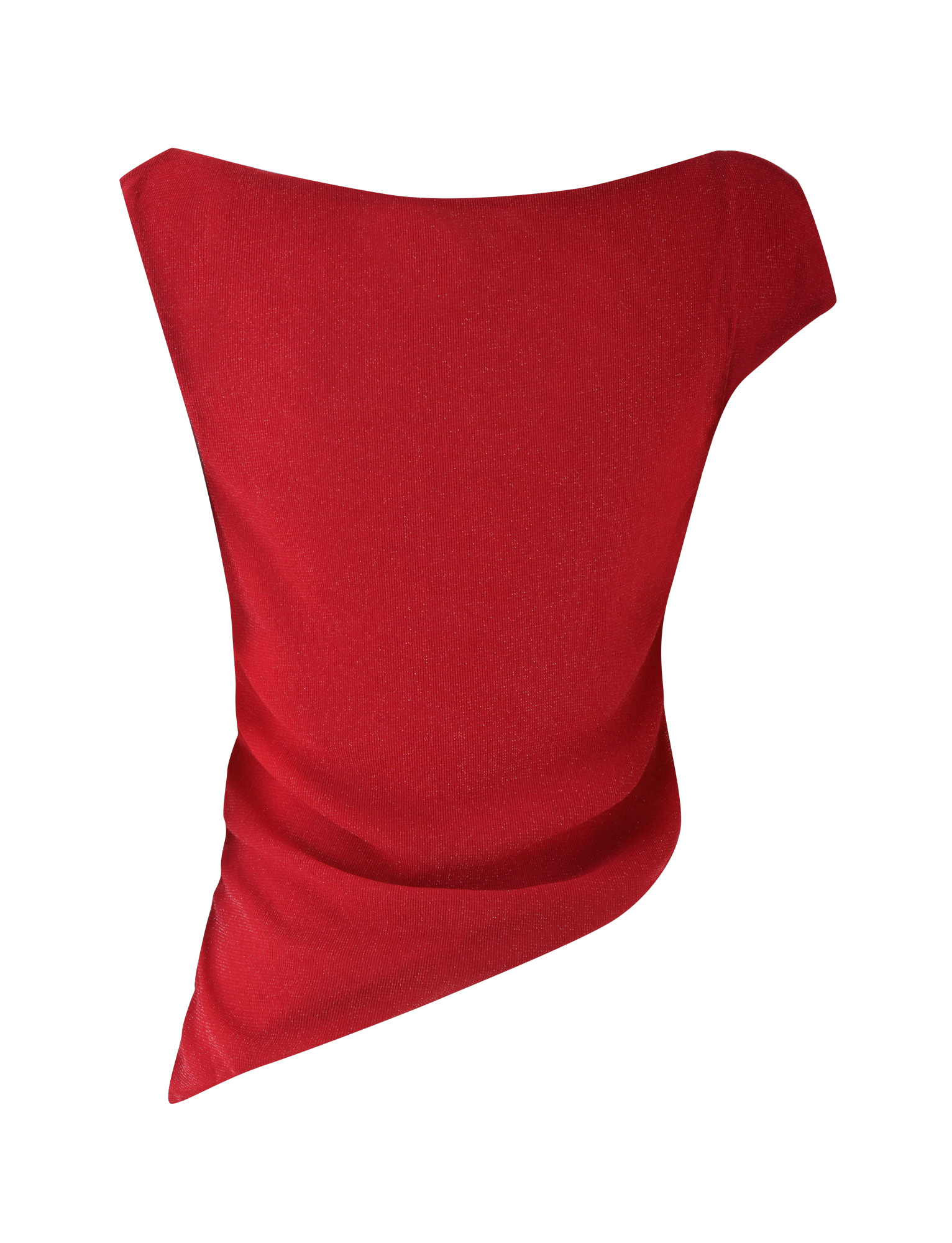The COBI TANK - RED : SPARKLE by TIGERMIST features a bold red, asymmetrical design with a fitted silhouette and single sleeve, crafted from smooth shimmer jersey. Shown against a plain white background.