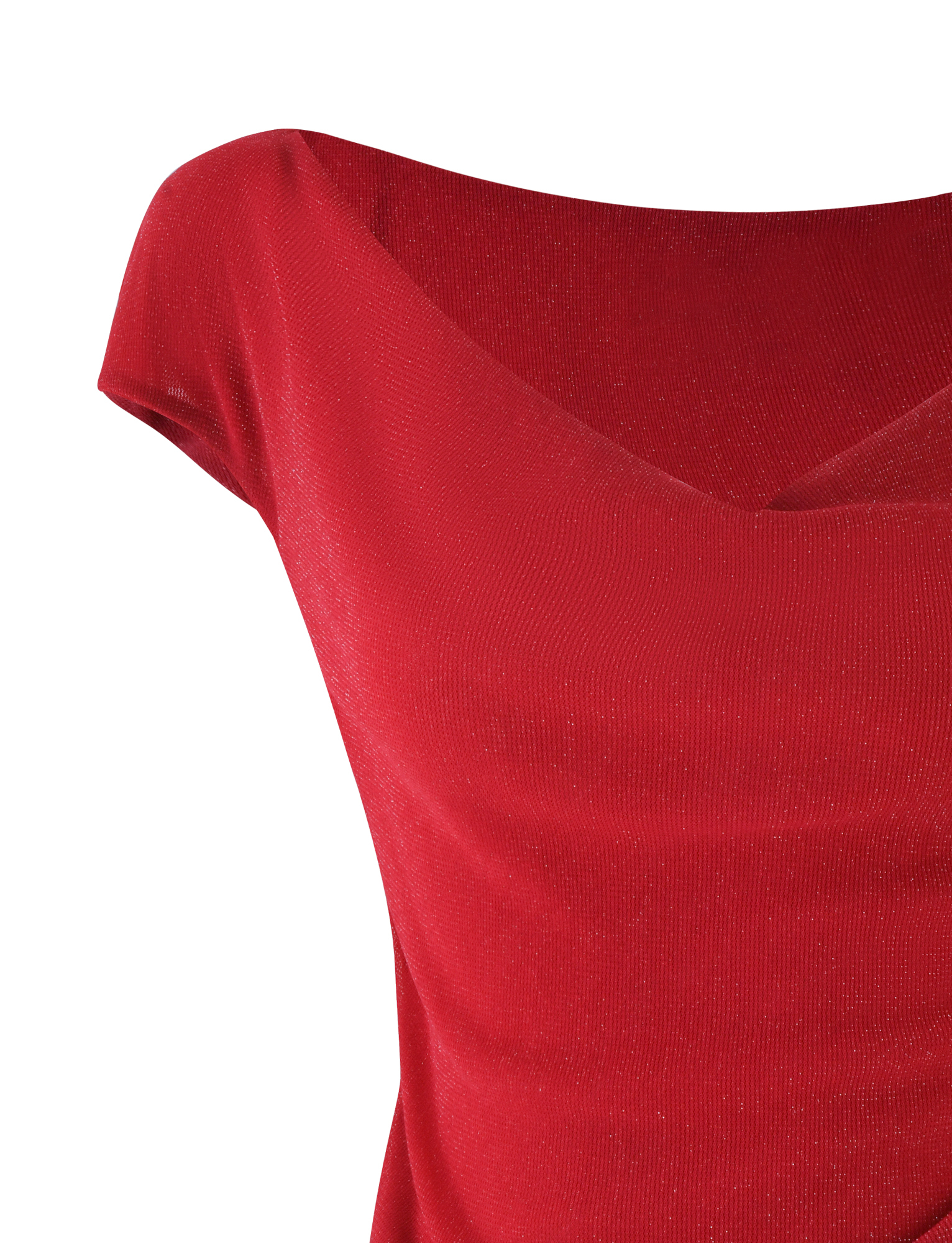 Close-up of the TIGERMIST COBI TANK - RED: SPARKLE, a red, asymmetrical, off-shoulder top with a draped neckline and shimmer jersey fabric, shown against a white background.