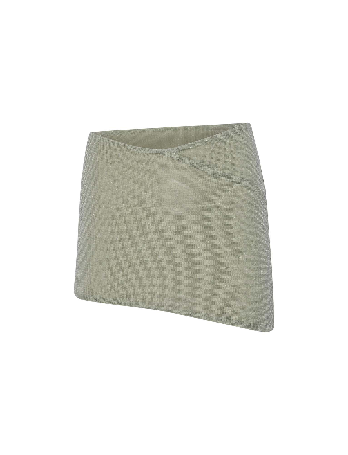 The TIGERMIST COBI SKIRT in sage green glitter features an asymmetrical, overlapping front hem and a modern low-rise fit, shown on a plain white background.