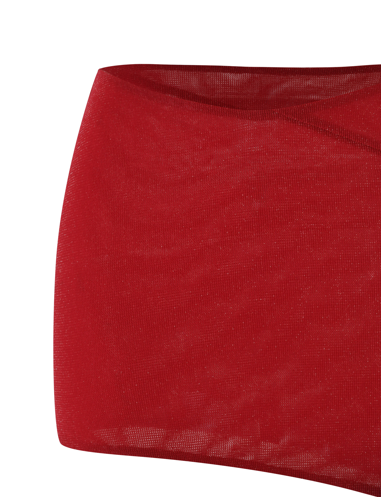Close-up of the TIGERMIST COBI SKIRT - RED : SPARKLE, showing its red semi-sheer mesh fabric with a smooth texture and slightly see-through waistband and upper portion.