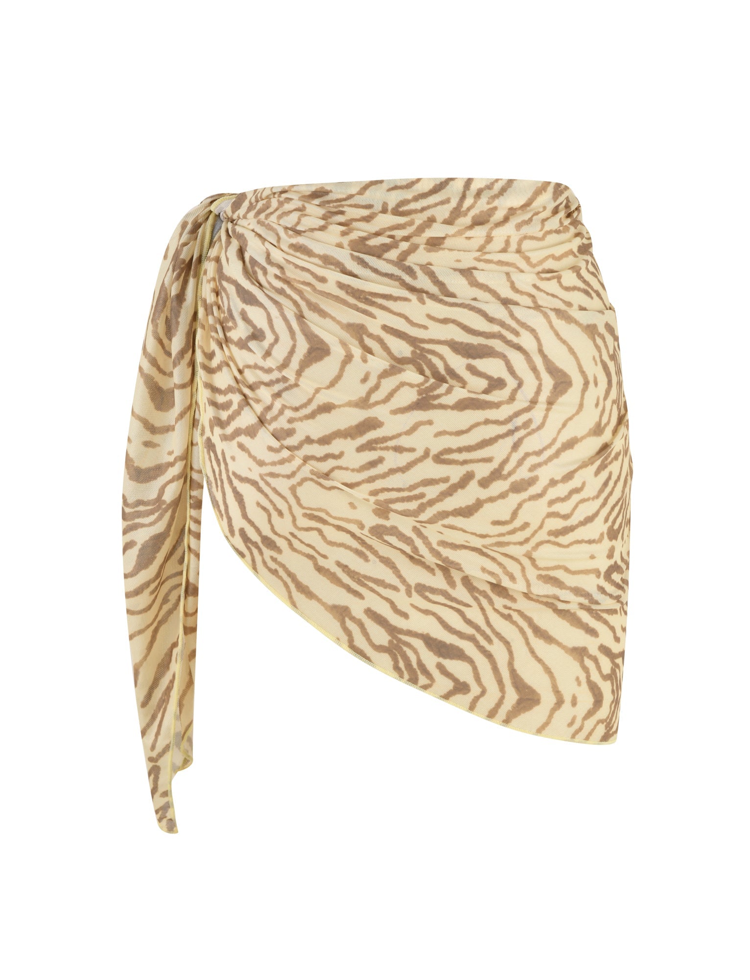The PEACHY SARONG - YELLOW : ZEBRA by TIGERMIST showcases a beige and brown zebra print with an asymmetrical hem, tied at the side. The sheer mesh fabric offers a flowing, lightweight appearance, making it perfect for beachwear or casual summer attire.