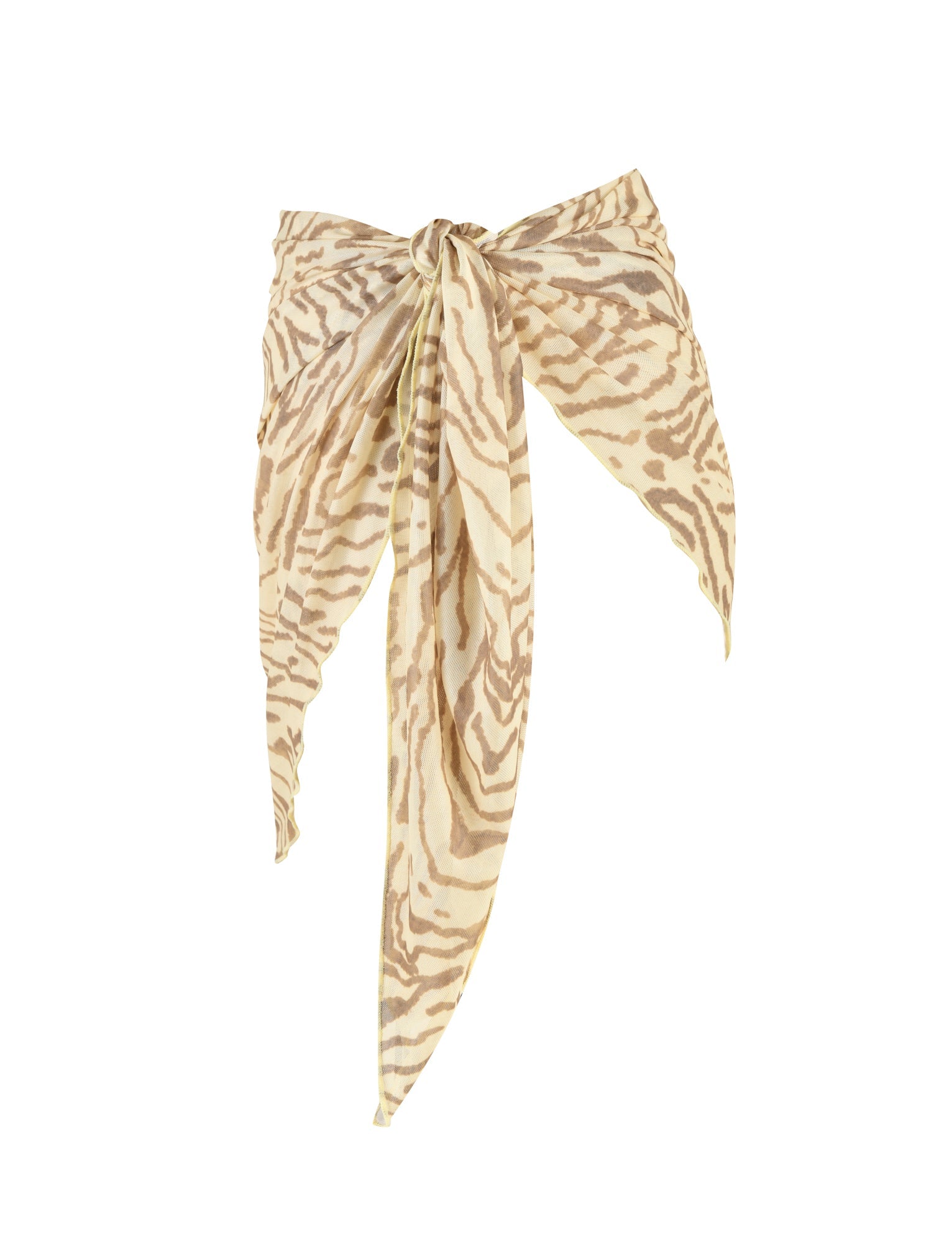 A large bow made from the TIGERMIST PEACHY SARONG - YELLOW : ZEBRA, featuring a zebra-print pattern of irregular wavy stripes in a peachy sarong-inspired colourway. The lightweight fabric creates two long, flowing tails.