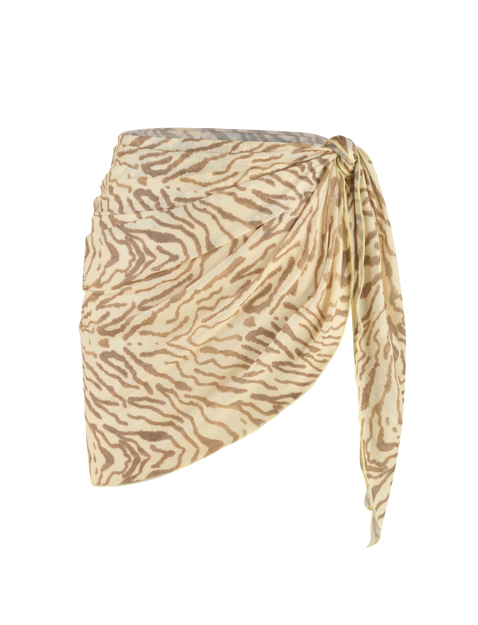The PEACHY SARONG - YELLOW : ZEBRA by TIGERMIST, displayed against a white backdrop, boasts a beige and brown zebra print with a side knot and a draped design culminating in an asymmetrical hemline. This distinctive sarong adds an elegant flair to any casual ensemble.