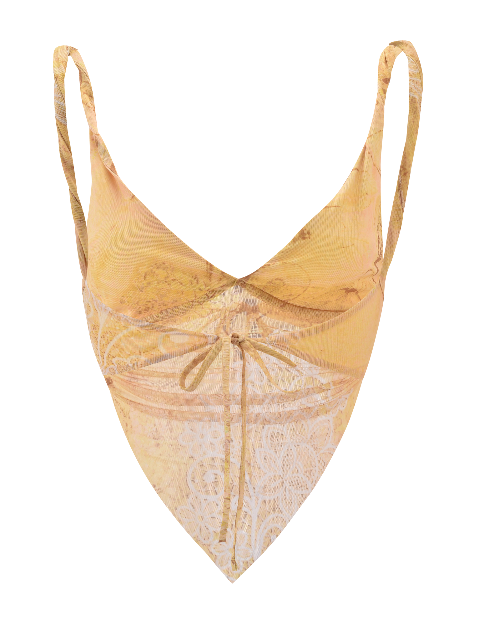 The THEO TOP - LEMON BUTTERFLY PAISLEY by TIGERMIST is a yellow and beige camisole with butterfly paisley print, thin straps, a pointed handkerchief hem, and a front center tie detail.