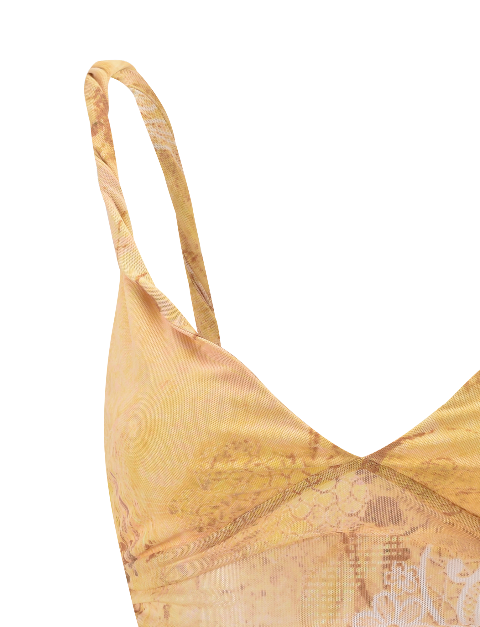 Close-up of the TIGERMIST THEO TOP in Lemon Butterfly Paisley, showing thin straps, subtle lace and floral details, and adjustable back ties. Only the upper left part is visible against a light background.