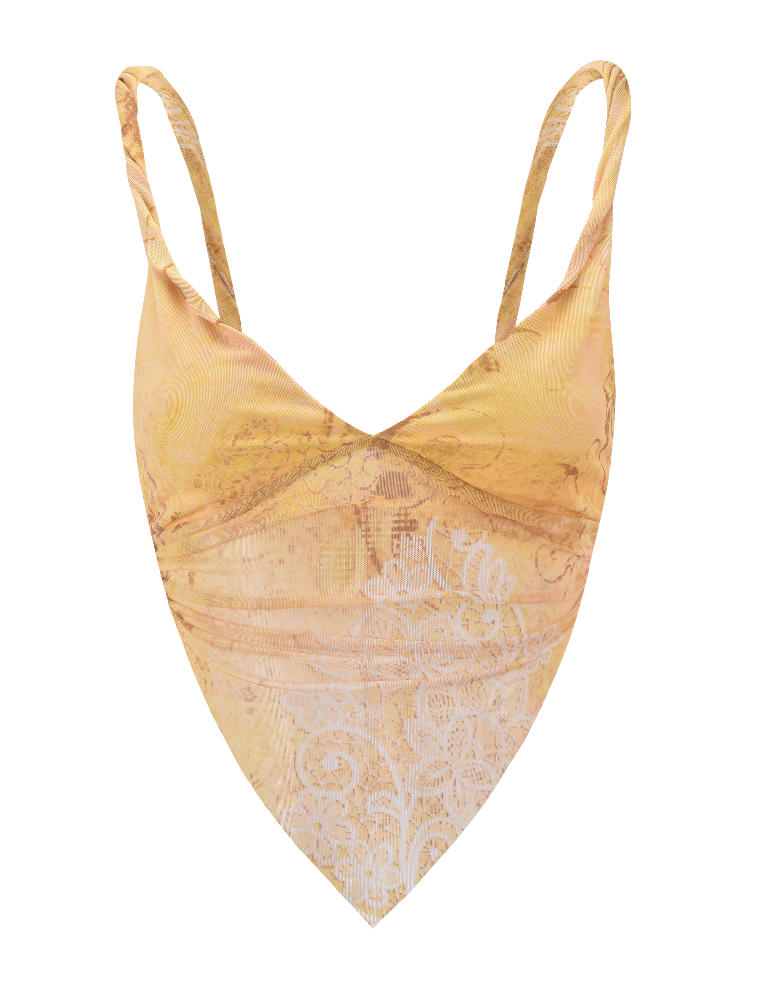 The TIGERMIST THEO TOP in Lemon Butterfly Paisley features a sleeveless V-neck, spaghetti straps, adjustable back ties, and a pointed handkerchief hem with a subtle floral lace pattern on the front.