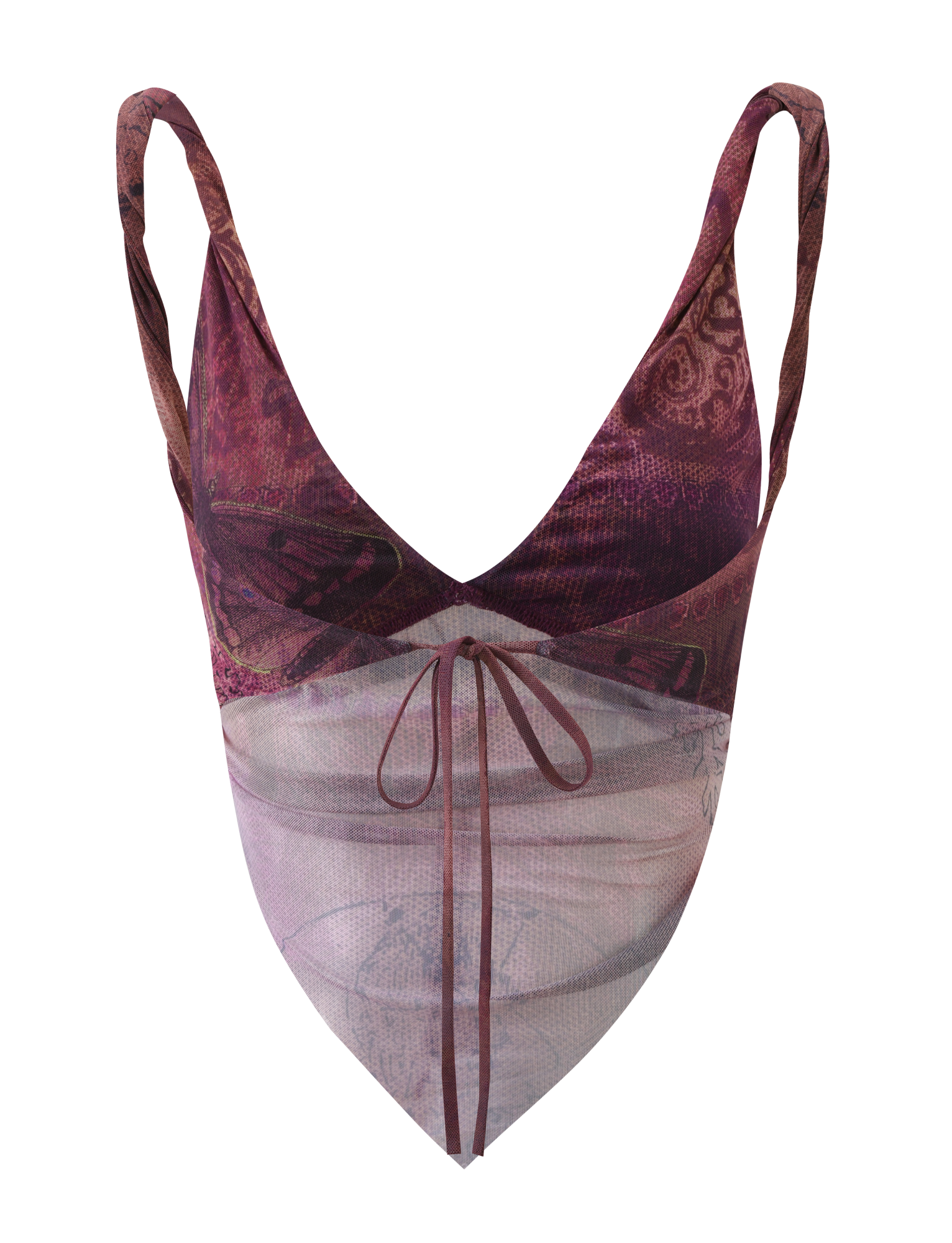 The THEO TOP - PLUM BUTTERFLY PAISLEY by TIGERMIST features a sleeveless, V-neck design with thin straps, front drawstring tie, butterfly paisley print in purple and pink, and a sheer layered handkerchief hem.