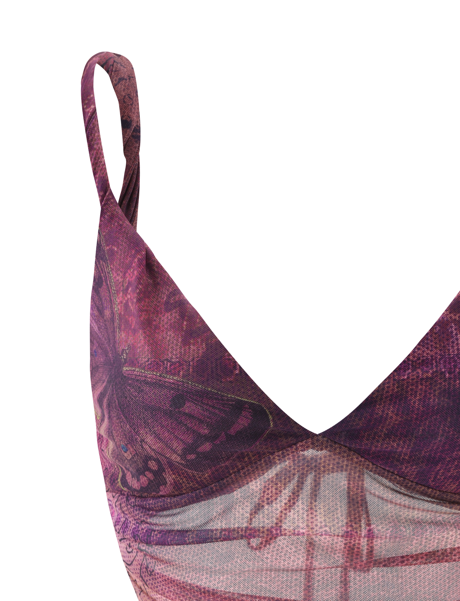 Close-up of the TIGERMIST THEO TOP in Plum Butterfly Paisley, a V-neck handkerchief hem style with butterfly wing pattern and open back, shown on a plain white background.