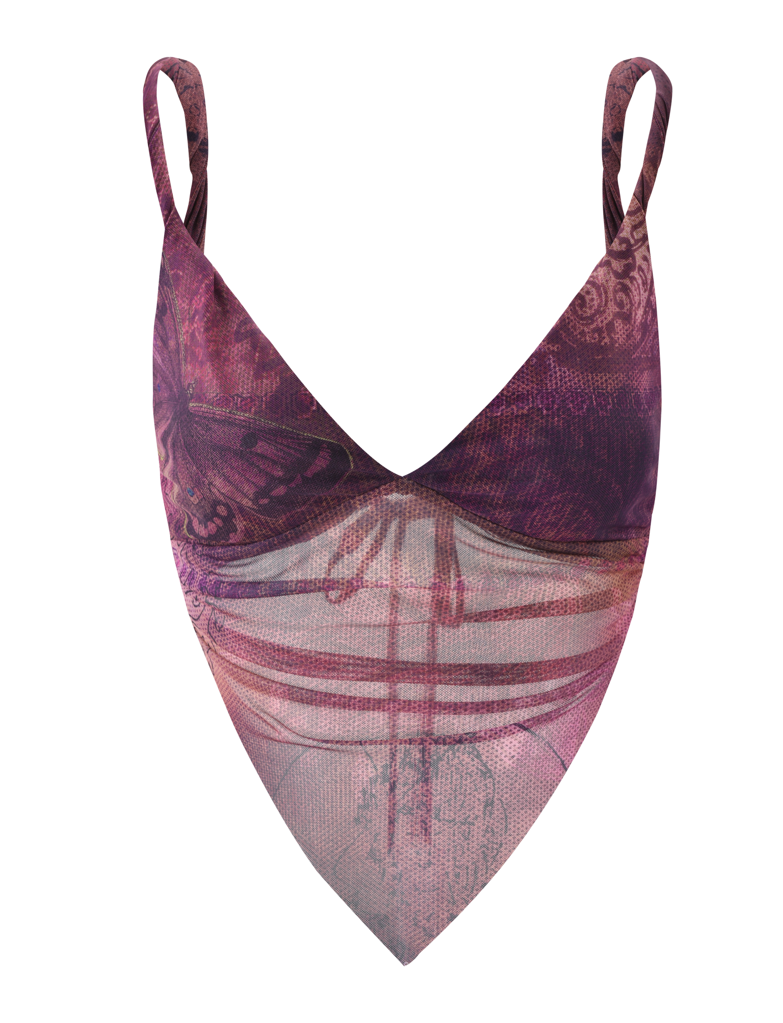 The TIGERMIST THEO TOP - PLUM BUTTERFLY PAISLEY features a pink and purple V-neck handkerchief hem, thin straps, and an abstract butterfly paisley print on a white background.