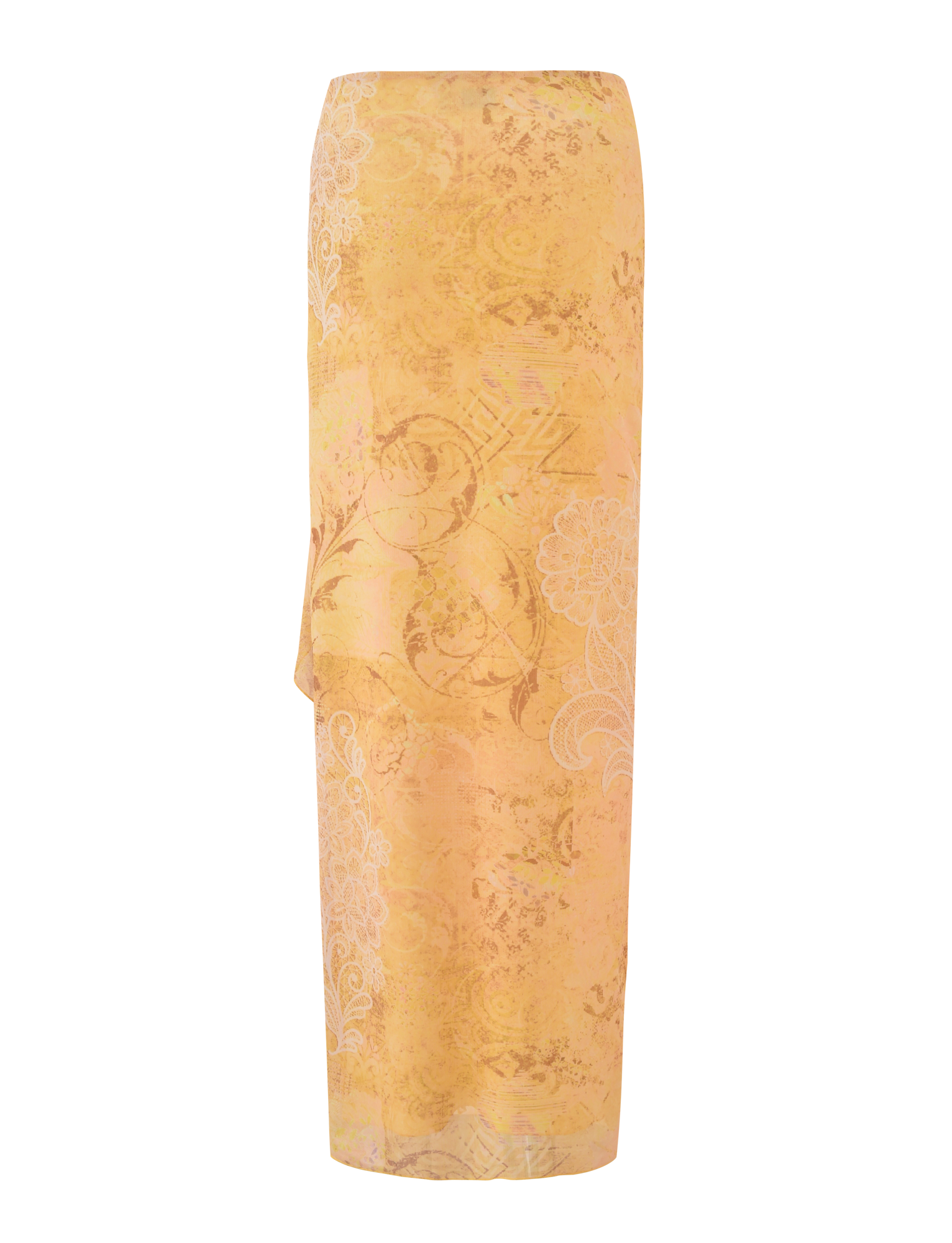 The TIGERMIST THEO SKIRT - LEMON BUTTERFLY PAISLEY is a long, straight, high-waisted skirt in yellow and orange with a delicate butterfly paisley and swirl print.