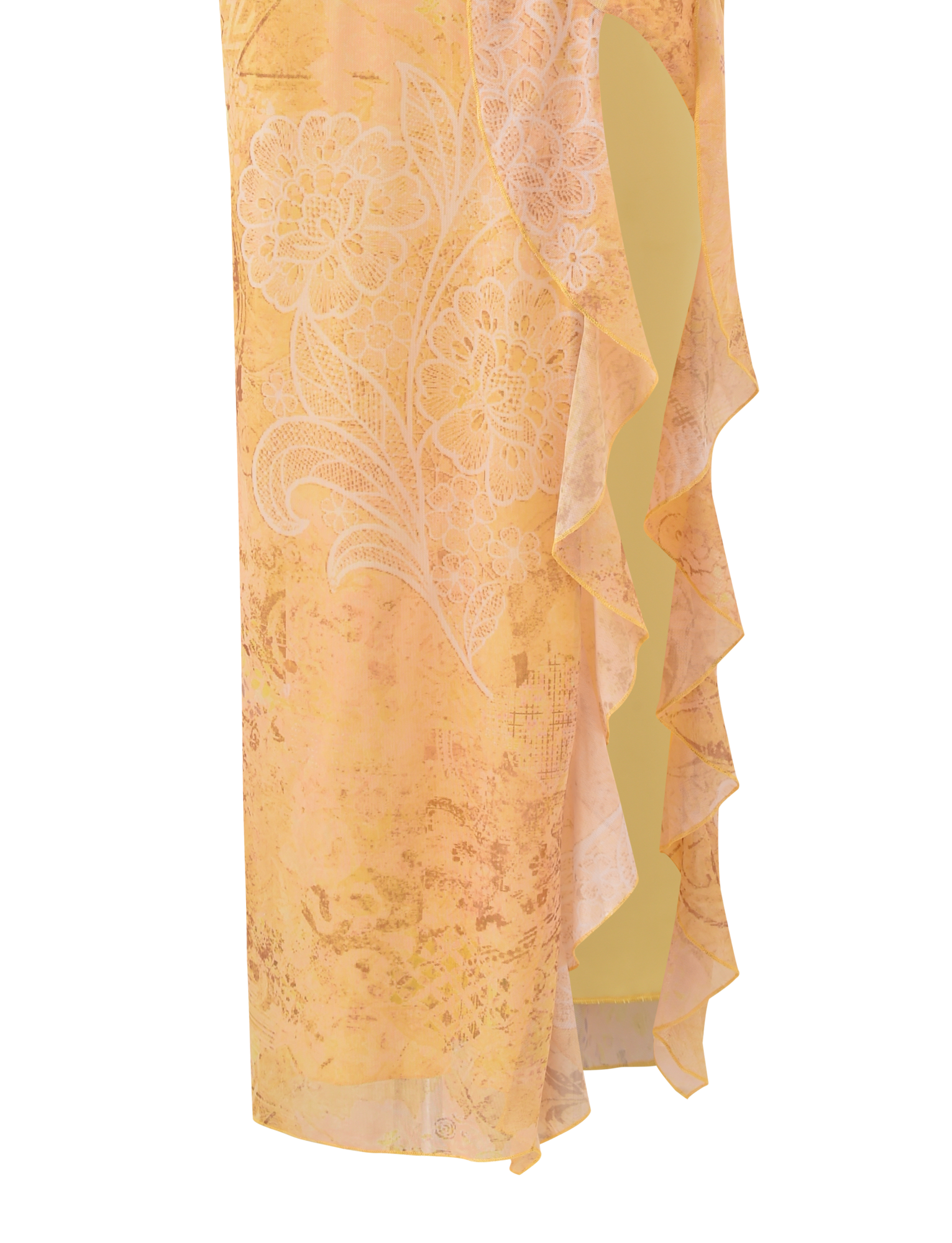 A close-up of the TIGERMIST THEO SKIRT - LEMON BUTTERFLY PAISLEY, a yellow low-rise maxi with white paisley patterns, soft ruffled edges, and a front leg slit revealing a light beige inner layer.