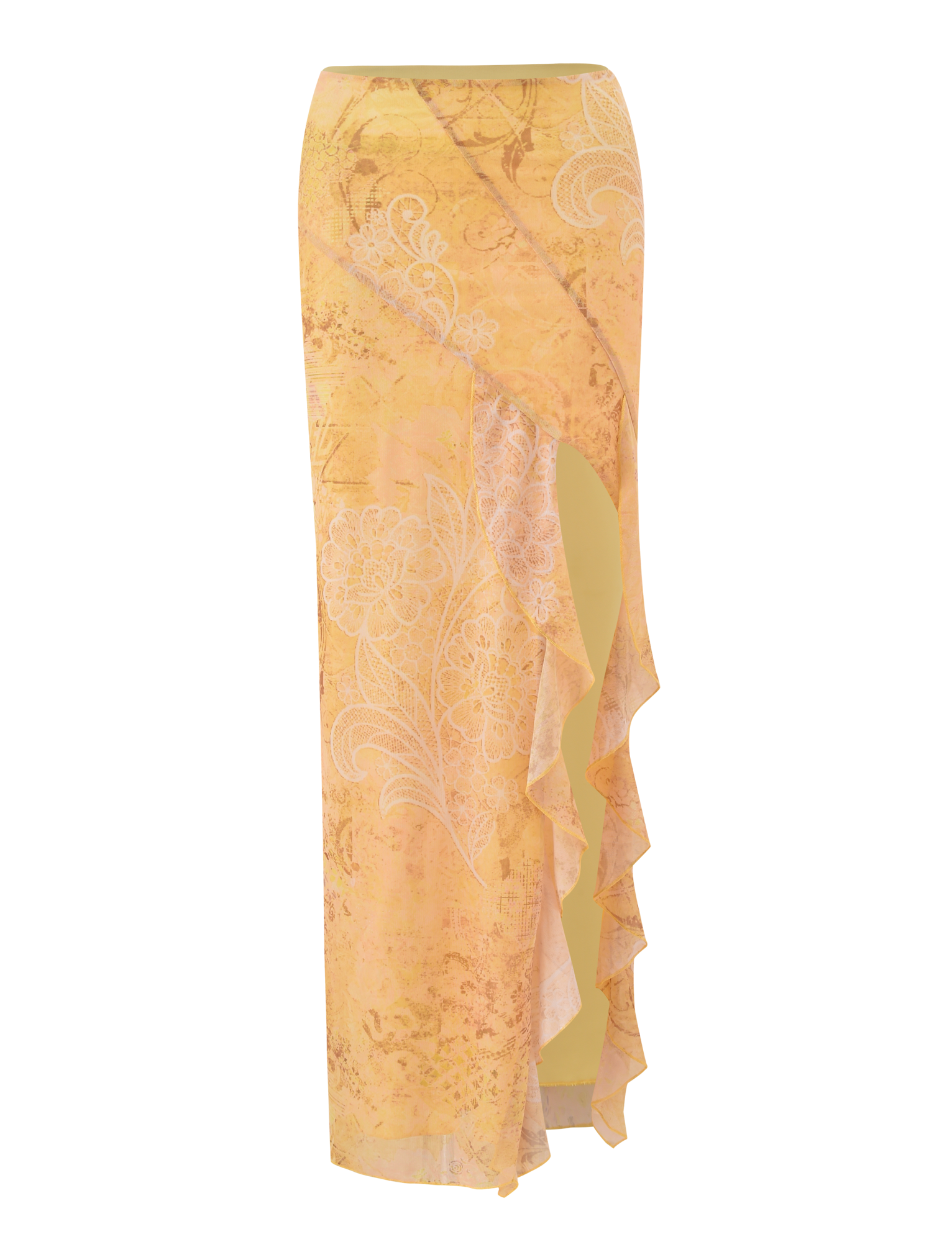 The THEO SKIRT - LEMON BUTTERFLY PAISLEY by TIGERMIST is a long, high-waisted yellow wrap skirt with a white floral paisley print, front leg slit, and ruffled trim, shown on a plain white background.