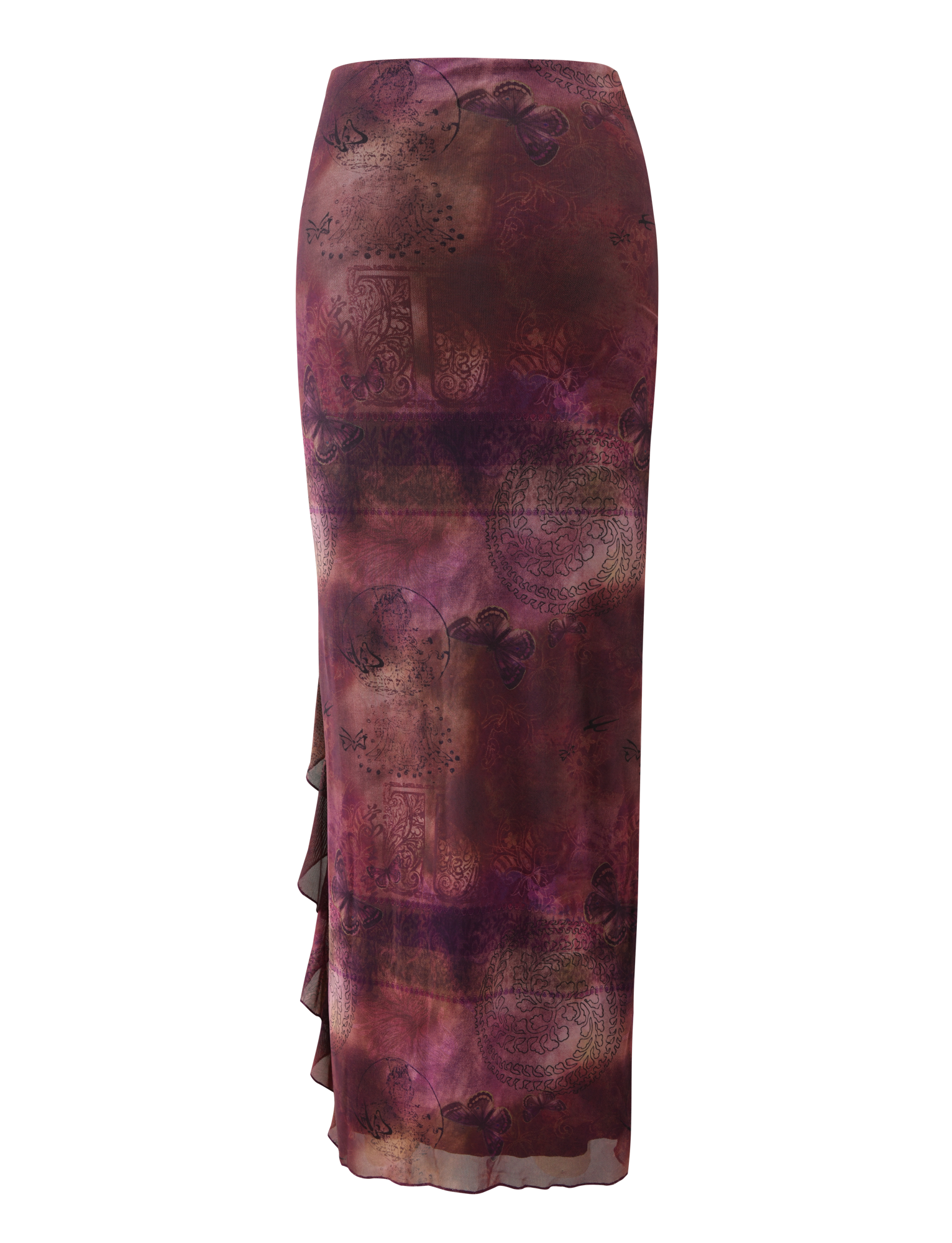 The TIGERMIST THEO SKIRT - PLUM BUTTERFLY PAISLEY is a high-waisted, fitted skirt with a reddish-purple butterfly paisley and floral print, waterfall side ruffle, and a sheer, lightweight finish.