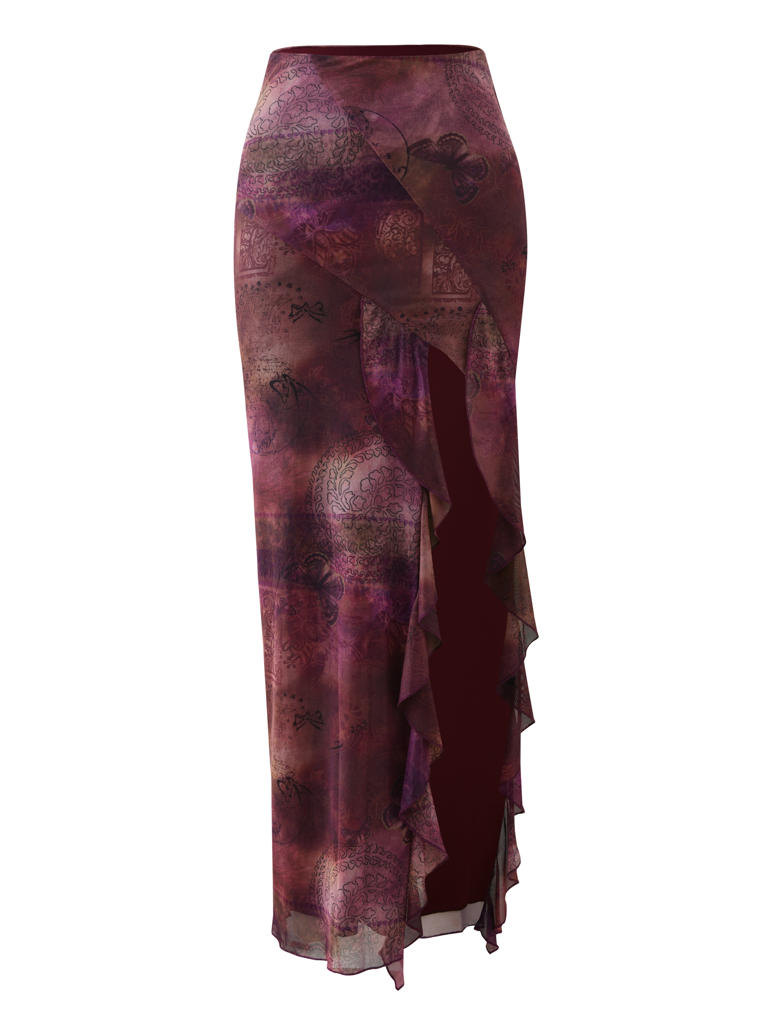 The TIGERMIST THEO SKIRT in Plum Butterfly Paisley is a long, high-waisted semi-sheer skirt with an abstract print and an asymmetrical waterfall ruffle slit on the front right. It features a fitted shape and slightly flared hem.