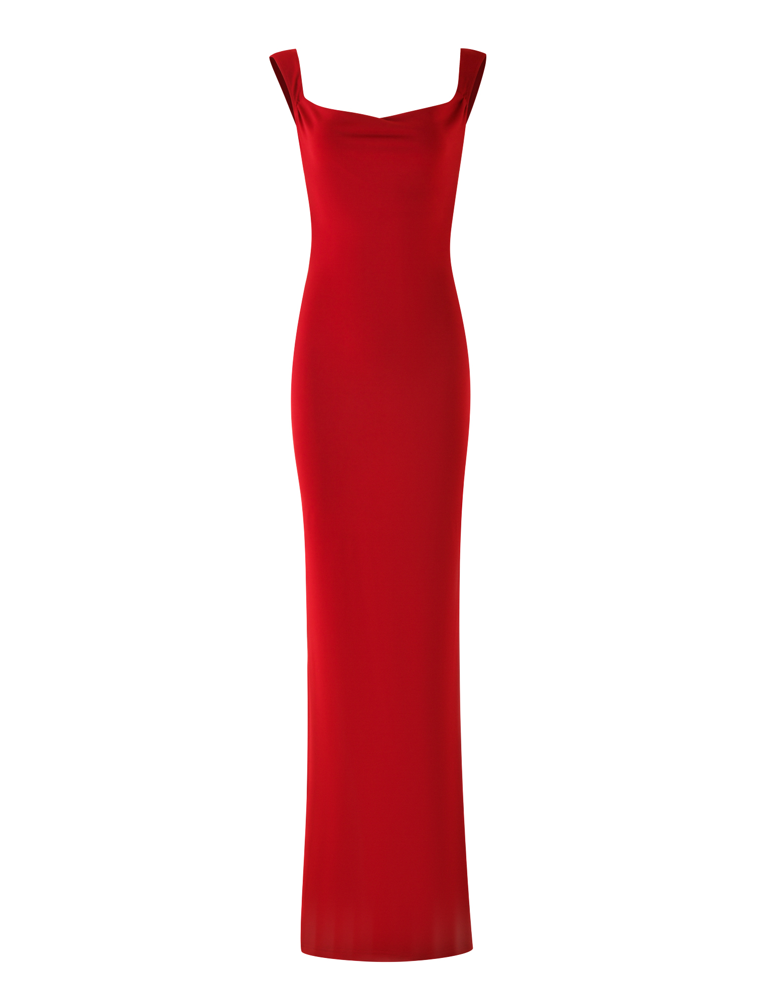 The TIGERMIST MORANA MAXI DRESS - RED is a sleeveless, floor-length evening gown with a bodycon fit and wide straps, shown on a plain white background.