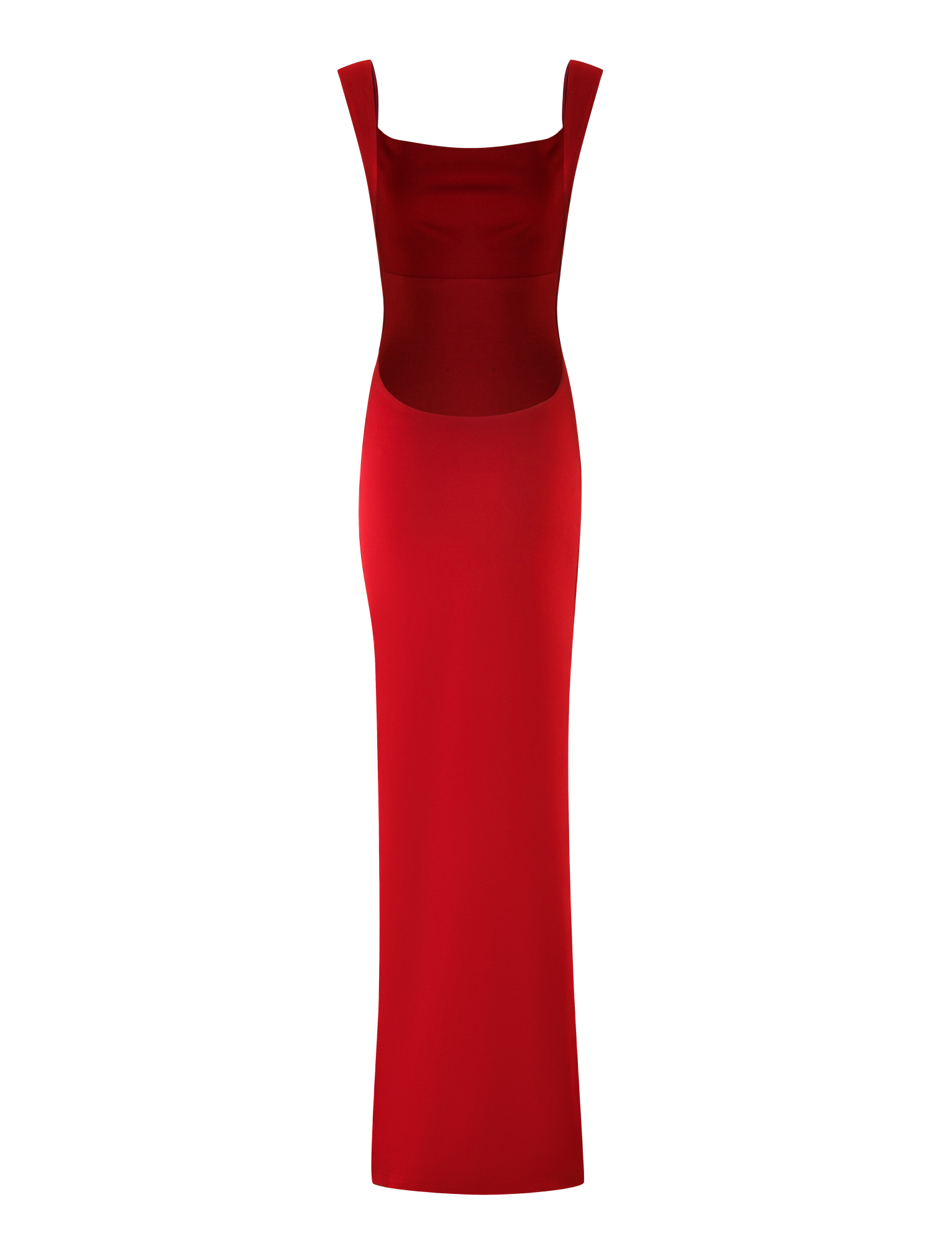 The TIGERMIST MORANA MAXI DRESS - RED is a sleeveless, floor-length dress with a square neckline, waist cutout, and bodycon fit for a bold, elegant look.