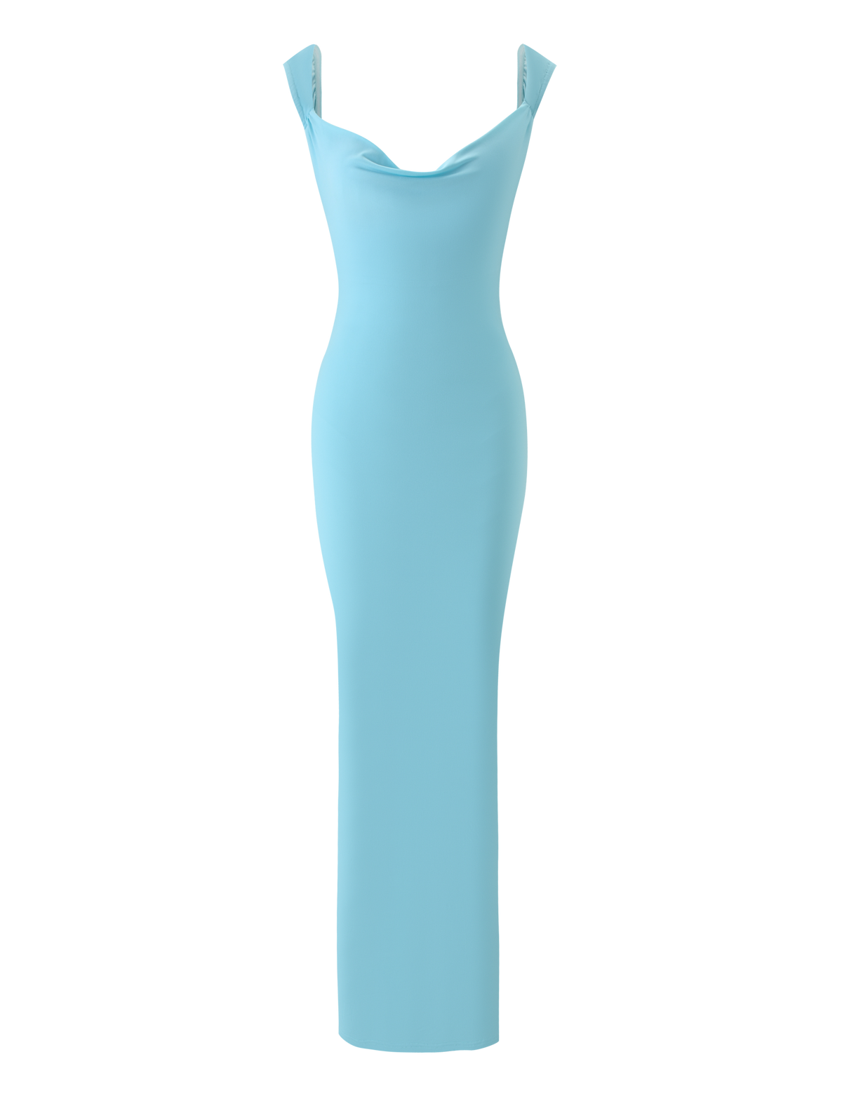 The MORANA DRESS - SKY BLUE by TIGERMIST is a sleeveless, floor-length maxi with a draped cowl neck, fitted silhouette, and chic low back in an elegant sky blue shade.