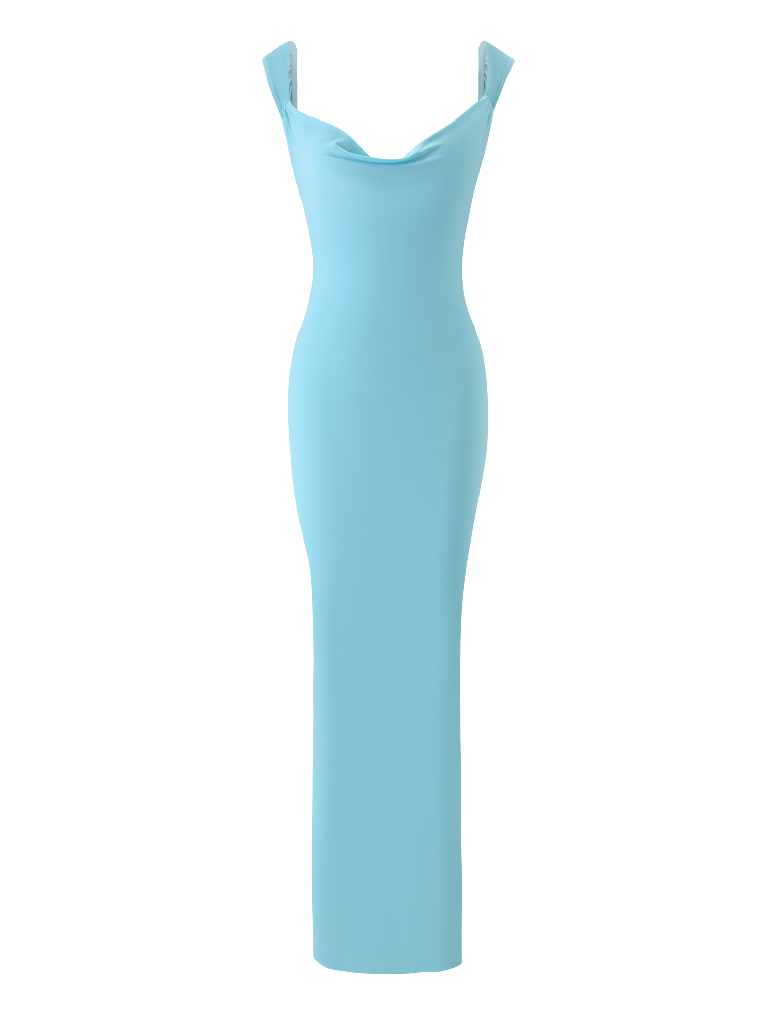 The MORANA DRESS - SKY BLUE by TIGERMIST is a sleeveless, floor-length maxi with a draped cowl neck, fitted silhouette, and chic low back in an elegant sky blue shade.