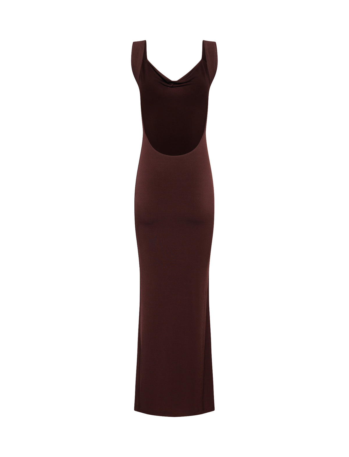 A sleeveless, floor-length chocolate brown MORANA DRESS from TIGERMIST with a scooped neckline and a fitted silhouette, showcased against a plain white background. The dress boasts a simple, elegant design with no additional embellishments.