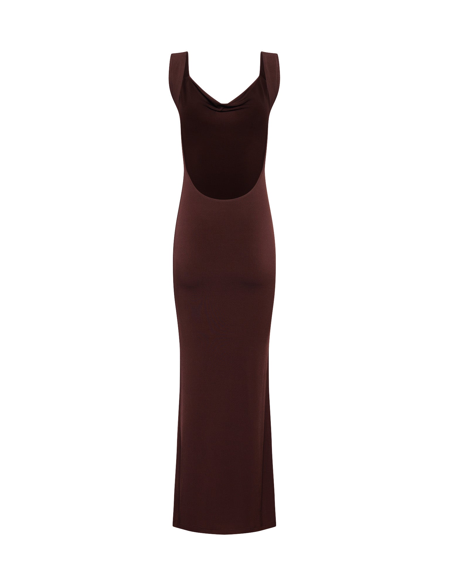A sleeveless, floor-length chocolate brown MORANA DRESS from TIGERMIST with a scooped neckline and a fitted silhouette, showcased against a plain white background. The dress boasts a simple, elegant design with no additional embellishments.