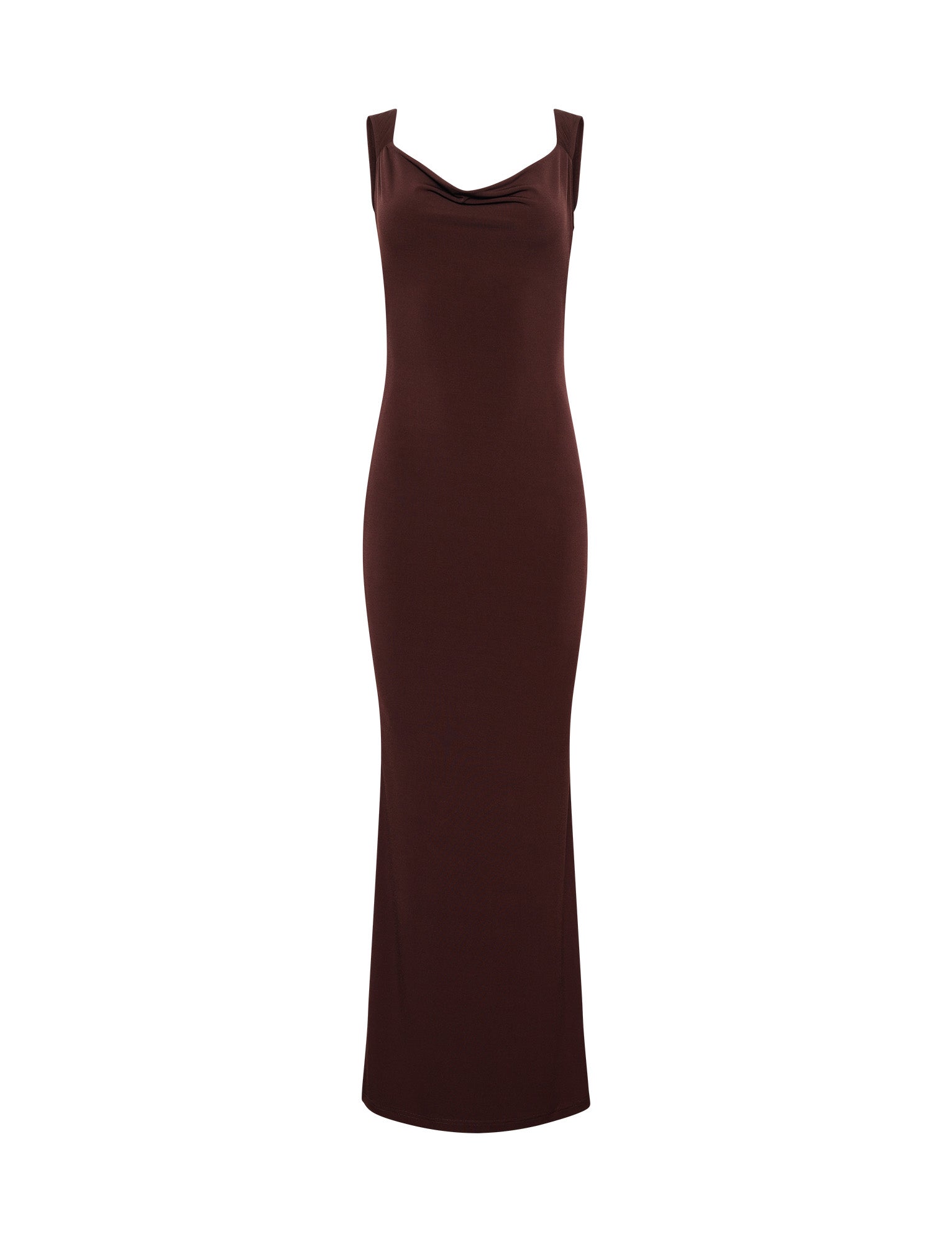 A long, form-fitting, sleeveless brown dress from TIGERMIST called the MORANA DRESS - BROWN : CHOCOLATE is displayed against a plain white background. The dress features a cowl neck and has a smooth texture with a simple yet elegant design suitable for various occasions.