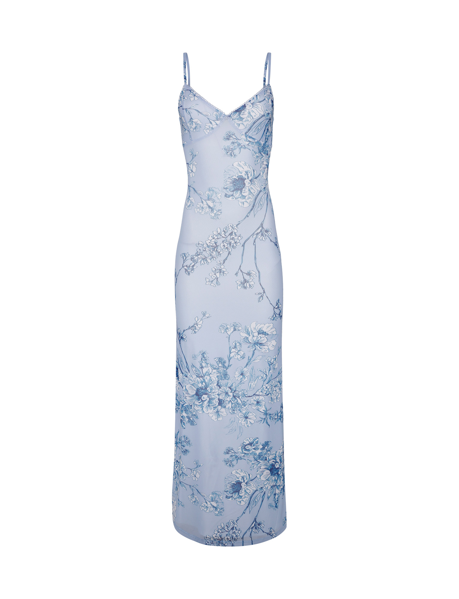The JULIANNA DRESS by TIGERMIST is a sleeveless, light blue maxi dress with thin straps and a delicate Blue Ceramic Floral print in blue and white.