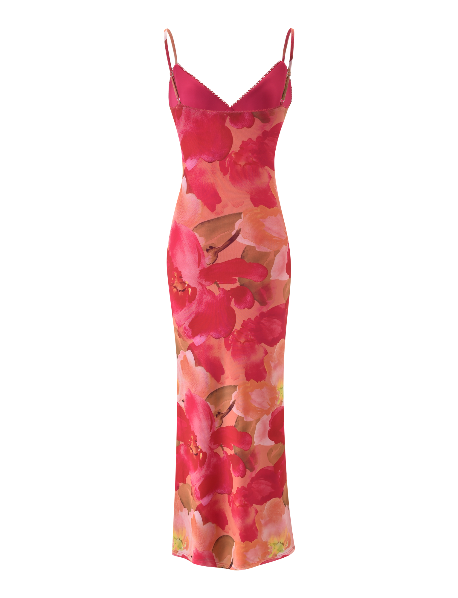The JULIANNA MAXI DRESS - DAIQUIRI FLORAL by TIGERMIST is a vibrant floral print maxi dress with adjustable spaghetti straps and a bold red and pink pattern on a coral base.
