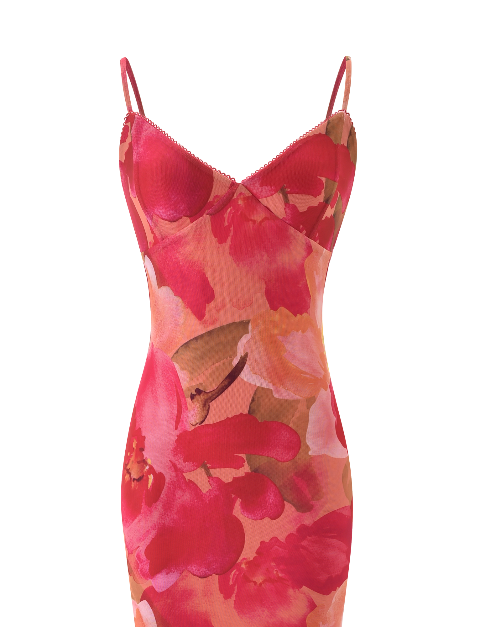 The JULIANNA MAXI DRESS - DAIQUIRI FLORAL by TIGERMIST is a sleeveless, fitted maxi dress with adjustable straps, a V-neckline, and a vibrant floral print in red, pink, and coral tones.