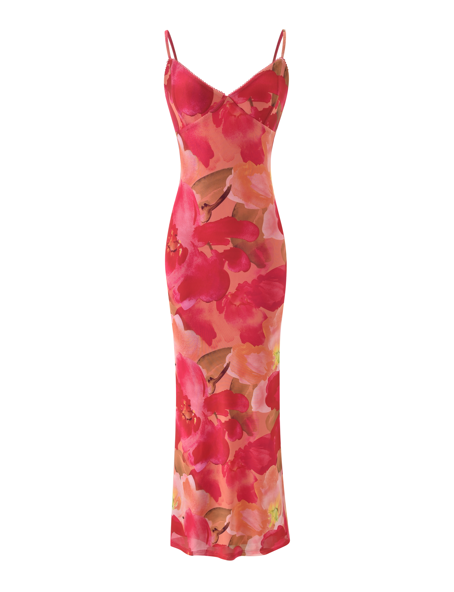 The JULIANNA MAXI DRESS - DAIQUIRI FLORAL by TIGERMIST is a sleeveless, body-hugging maxi with adjustable spaghetti straps, showcasing a vibrant red, pink, yellow, and brown floral print on a light background.