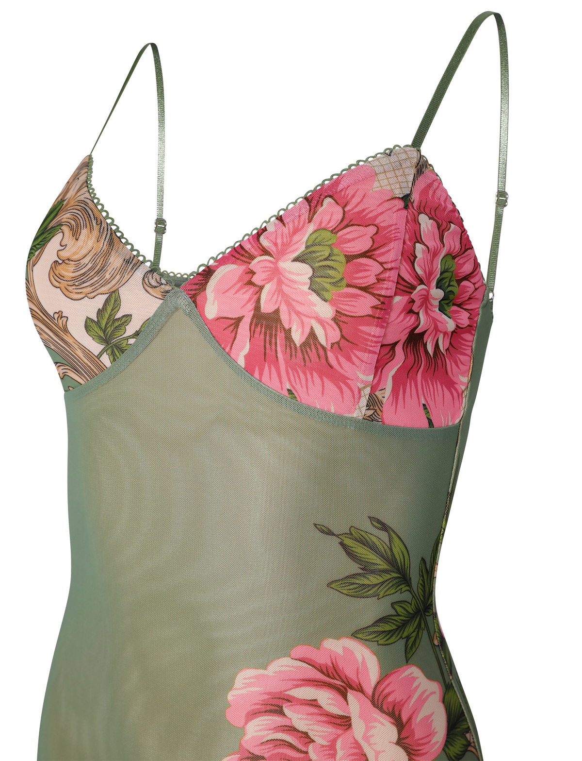 The TIGERMIST JULIANNA DRESS - GREEN : FLORAL : ROCCOCO FLORAL is a sheer, sage green maxi with thin straps, large pink Rococo floral and leaf prints, and delicate scalloped detailing along the neckline.