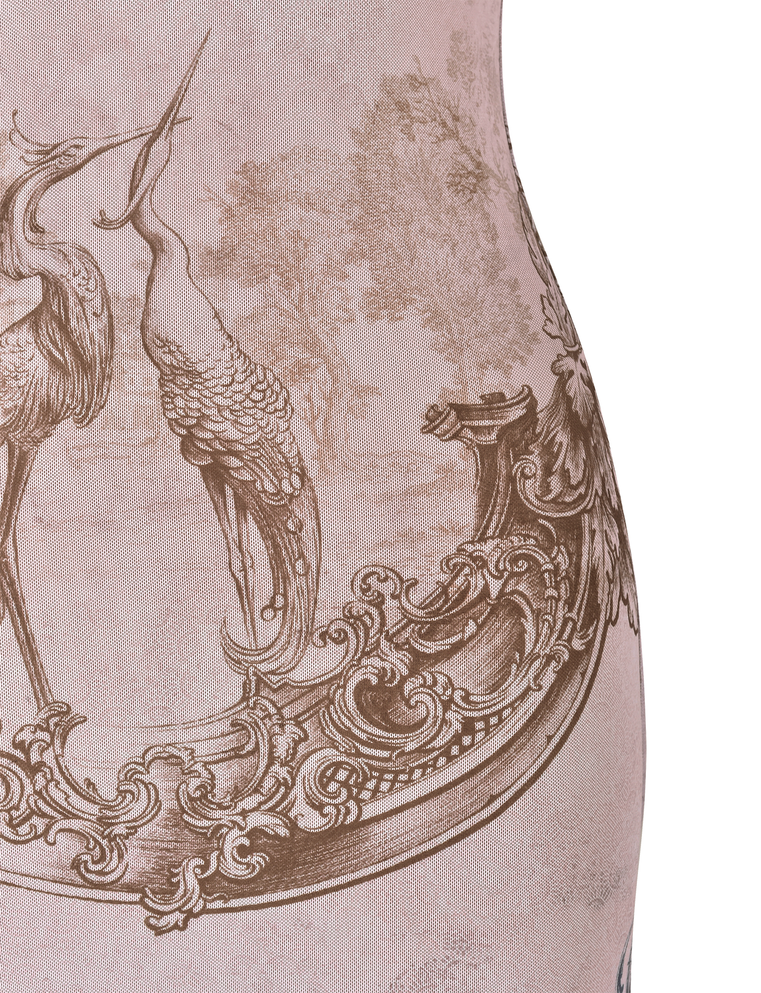 A close-up of the TIGERMIST JULIANNA DRESS - MULTI: COLLAGE: CRANES shows an intricate sepia-toned design with two elegant cranes standing on an ornate structure amid foliage.
