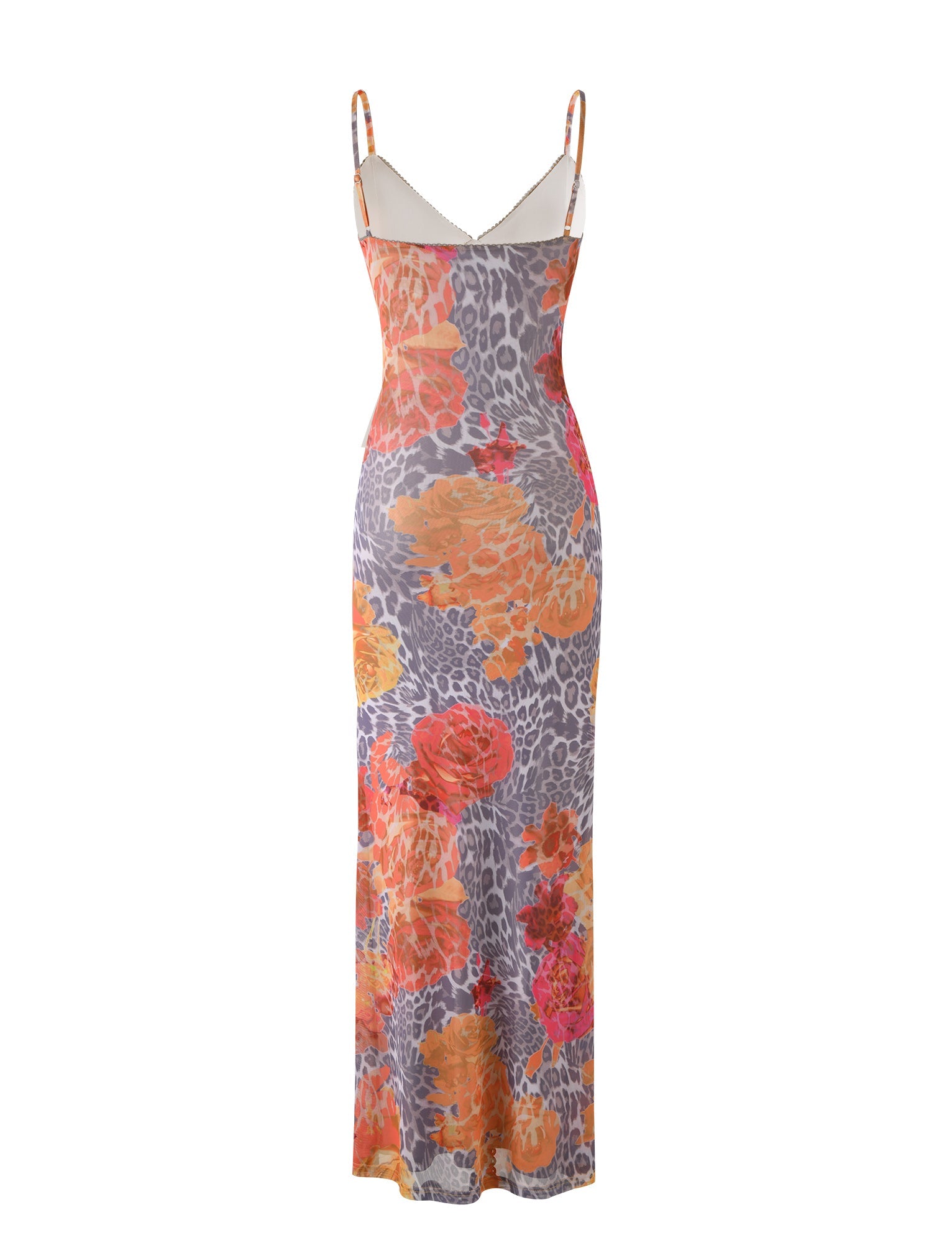 The JULIANNA DRESS - MULTI : LEOPARD : ORANGE LEOPARD by TIGERMIST is a sleeveless, form-fitting maxi dress with thin straps. It features a vibrant orange, red, and yellow floral pattern over a gray and white leopard print background. The dress has a V-neckline and boasts a long, flowing silhouette.