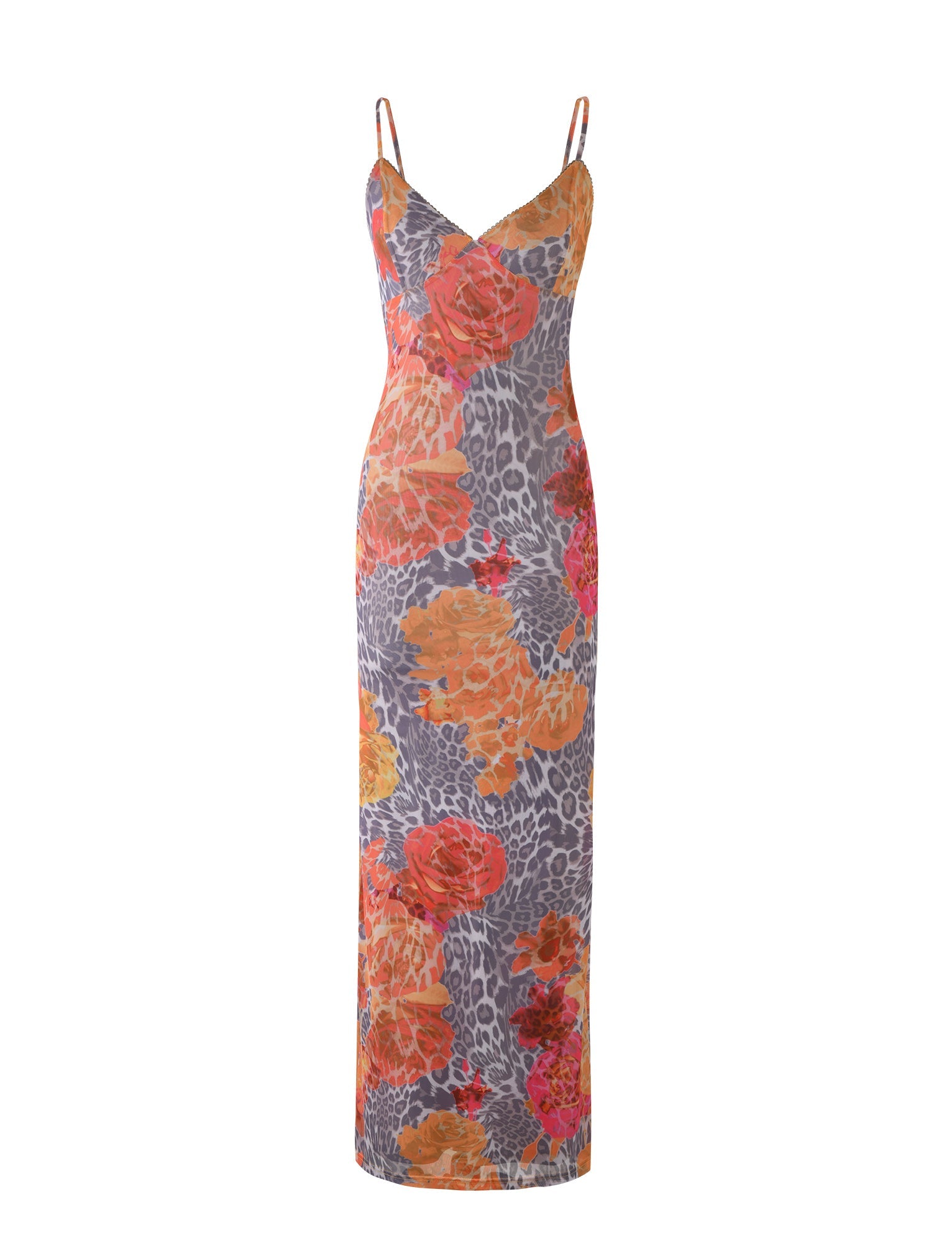 Introducing the JULIANNA DRESS - MULTI : LEOPARD : ORANGE LEOPARD by TIGERMIST, a stunning body-hugging, sleeveless maxi dress with thin spaghetti straps. This elegant piece boasts a vibrant floral pattern in shades of red, orange, pink, and gray set against a subtle animal print background. The V-neck design enhances its stylish and sophisticated appeal.