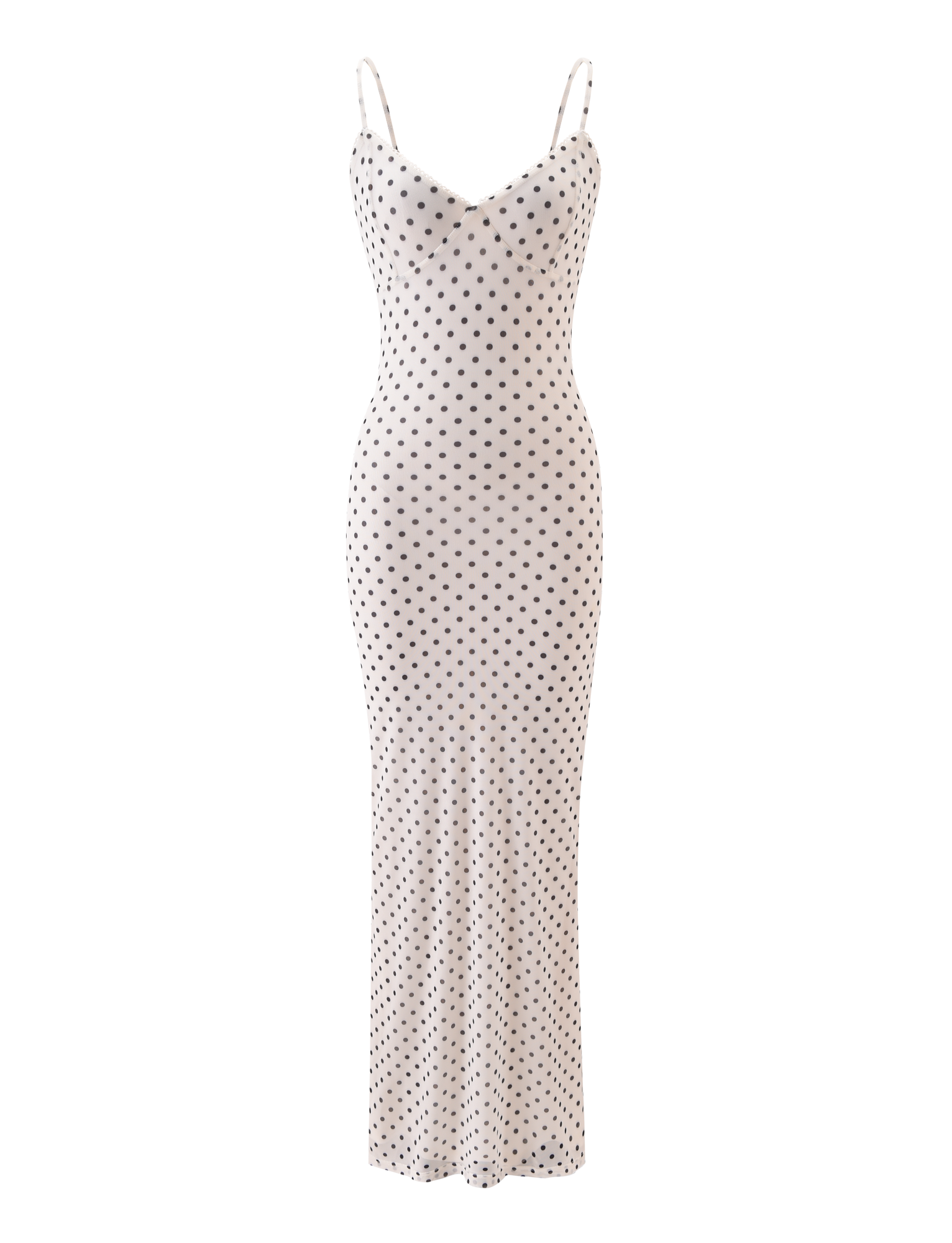 The JULIANNA MAXI DRESS - POLKA DOT by TIGERMIST is a white sleeveless maxi dress with black polka dots, adjustable spaghetti straps, a fitted silhouette, and an elegant draped neckline.