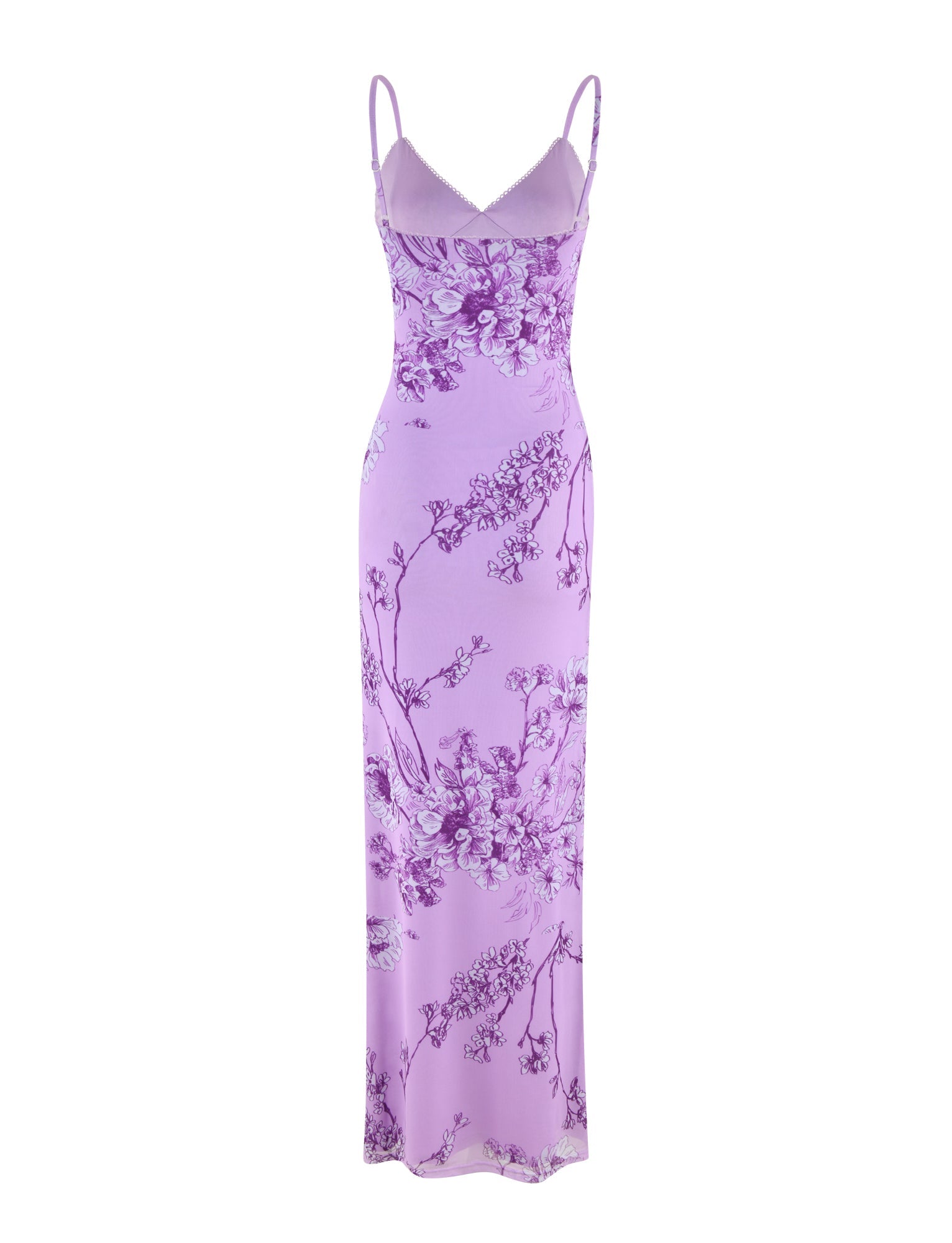 Introducing TIGERMIST's Julianna Dress: a long, fitted lavender maxi with thin straps adorned in an exquisite purple ceramic floral print featuring delicate branches and blossoms for an elegantly feminine look.