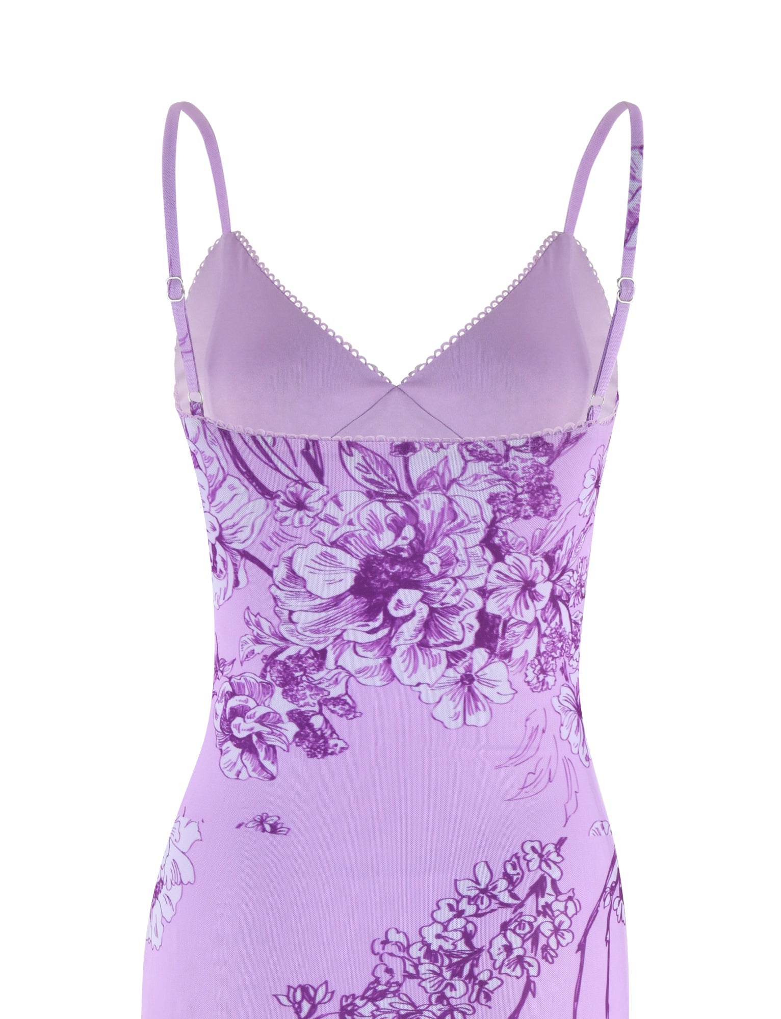 The TIGERMIST JULIANNA DRESS - PURPLE : FLORAL : PURPLE CERAMIC FLORAL is a lavender slip dress with thin straps and a fitted bodice, featuring intricate purple floral patterns reminiscent of fine ceramic art, with an elegantly beaded neckline against a white background.
