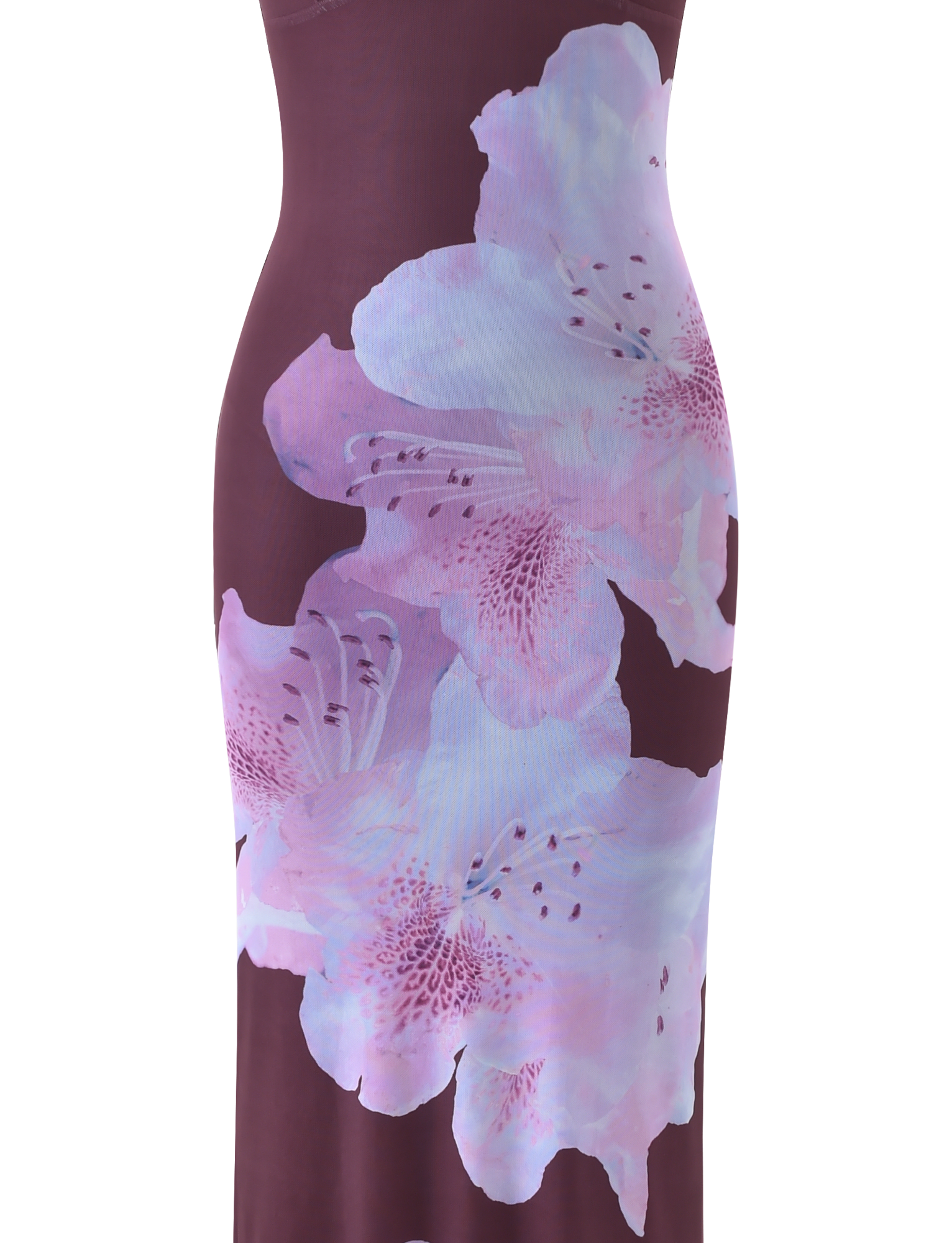 A close-up of the TIGERMIST JULIANNA MAXI DRESS - ZEN FLORAL, a maroon dress with adjustable spaghetti straps and two large pastel floral prints in pink, lavender, and light blue on the front.