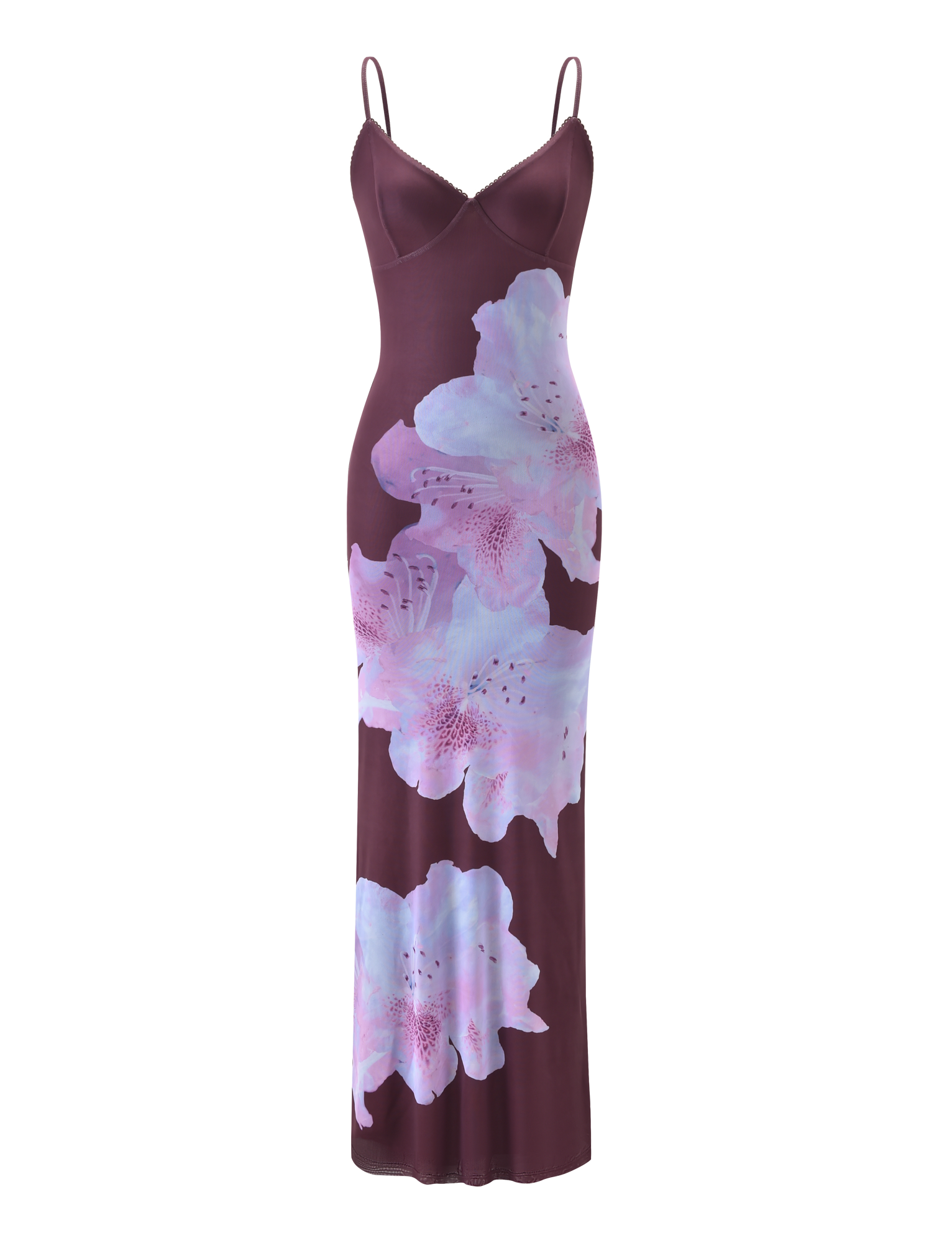 The JULIANNA MAXI DRESS - ZEN FLORAL by TIGERMIST features a sleeveless, fitted silhouette with adjustable spaghetti straps and bold light purple floral prints on the maroon front.