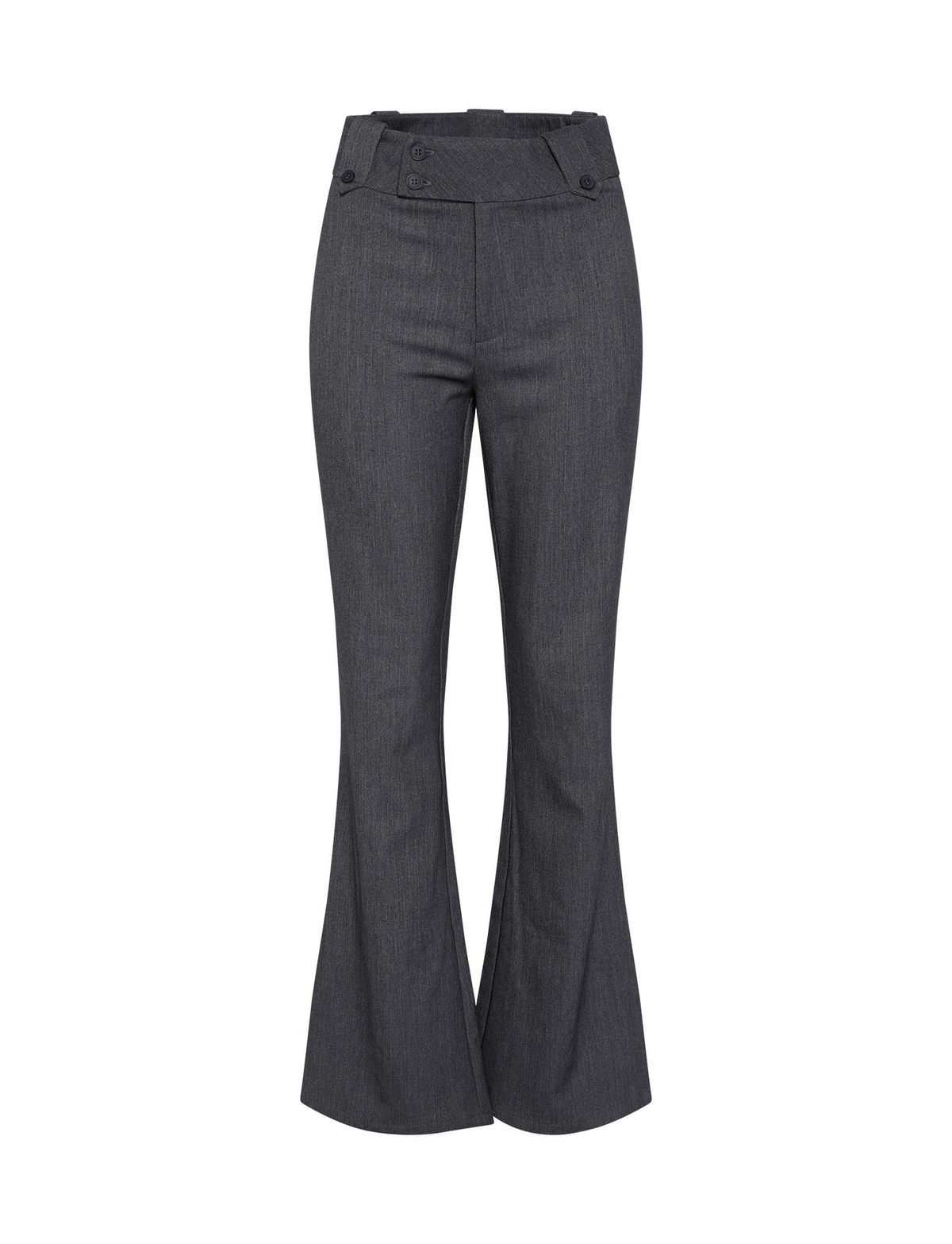 The TIGERMIST KITTIE HIGH RISE PANT - GREY showcases a dark gray flared leg, wide waistband with front button details, and vertical seam lines.