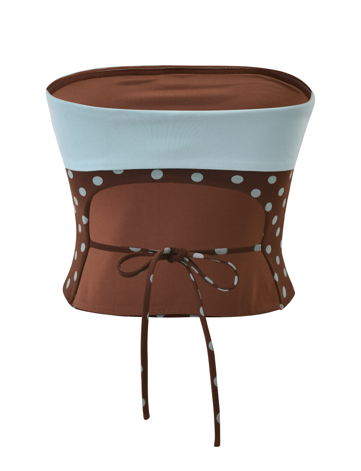 The TIGERMIST IMOGEN TUBE TOP - BROWN AND BLUE POLKA DOT is a strapless top with a light blue band, playful polka dot print, and matching tied waist, shown against a white background.