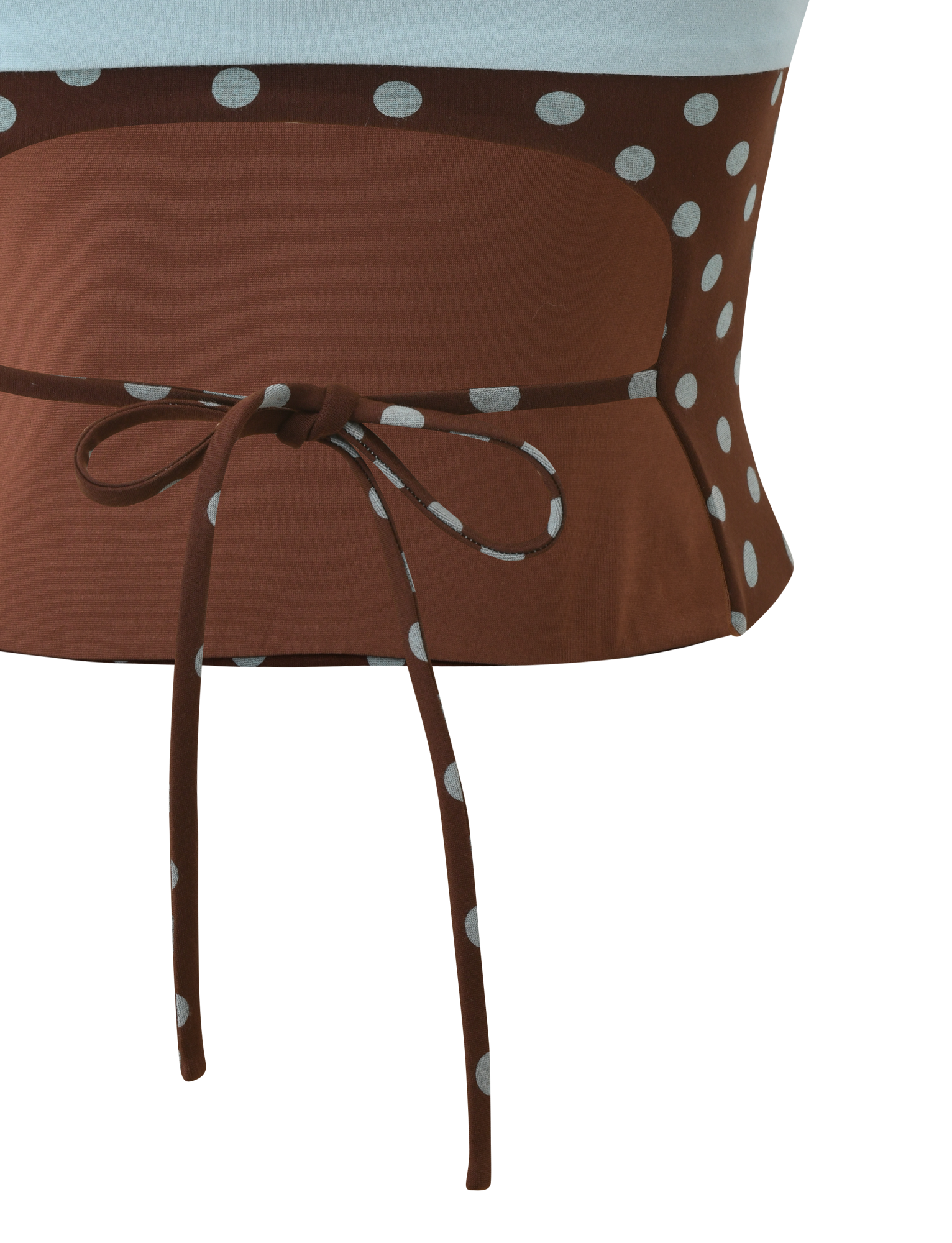 A close-up of the TIGERMIST IMOGEN TUBE TOP in brown and blue polka dot, featuring a matching fabric belt tied in a bow at the front.